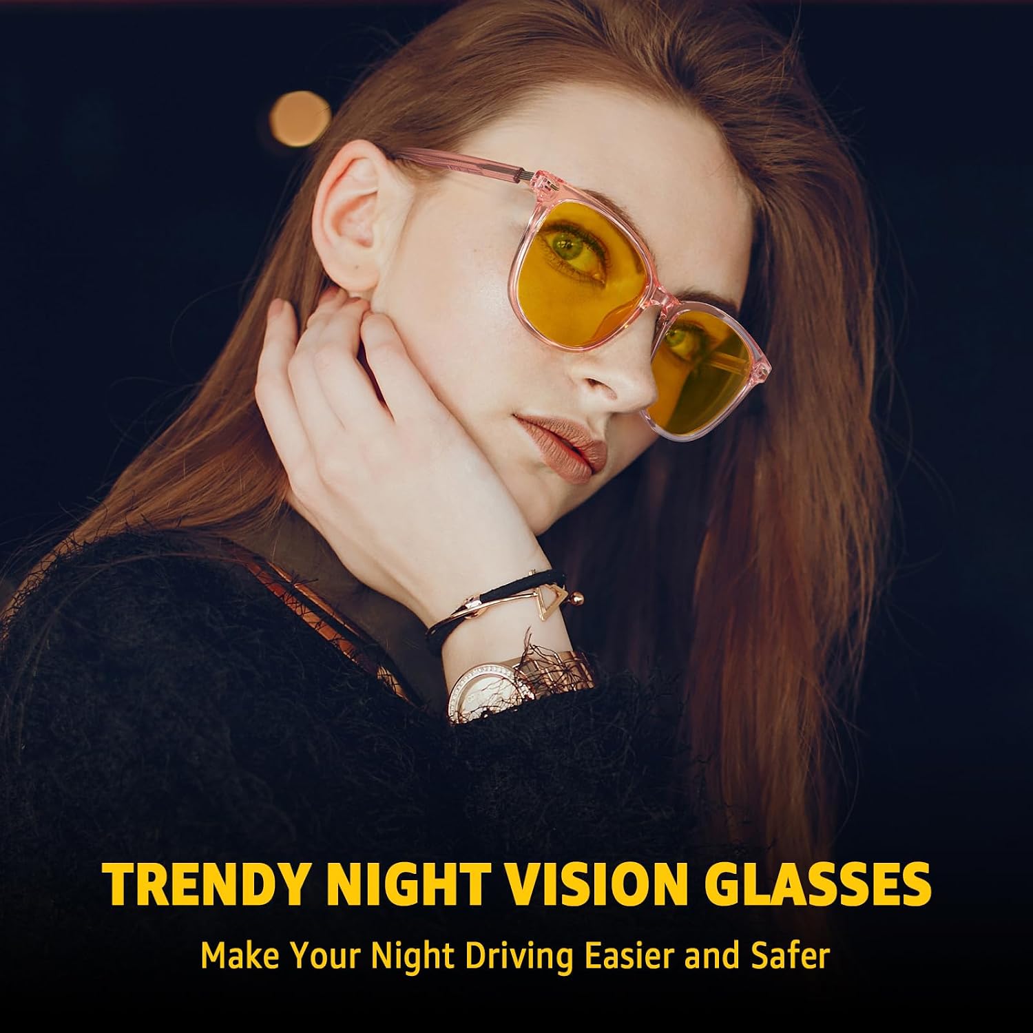 TJUTR Lunettes Conduite Nuit Polarisées Jaunes - Anti-Reflets Phares - Monture Carrée Femme - UV400