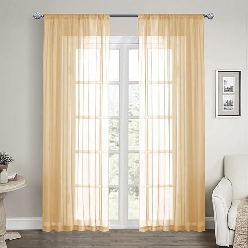 LOYOLADY Amber Yellow Sheer Curtains 96 inches Long 2 Panels Set Bedroom Sheer Curtains Sheer Curtain for Living Room 52" W x 96" L