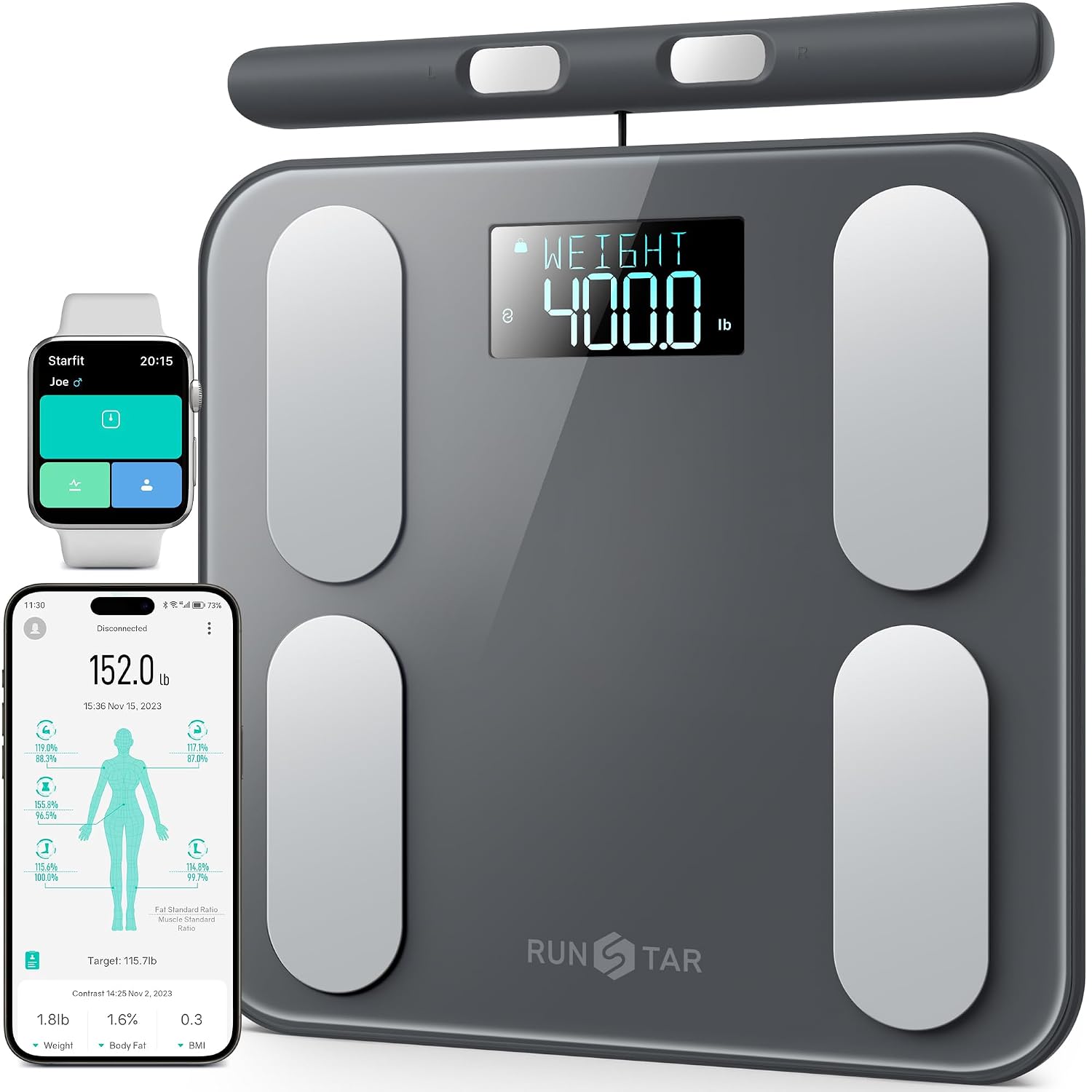 RunStar 12-inch Smart Body Fat Scale with Handle, 8-Electrode Digital Bathroom Sale for Body Weight, BMI, Muscle Mass 50 Body Composition with Color LCD Display