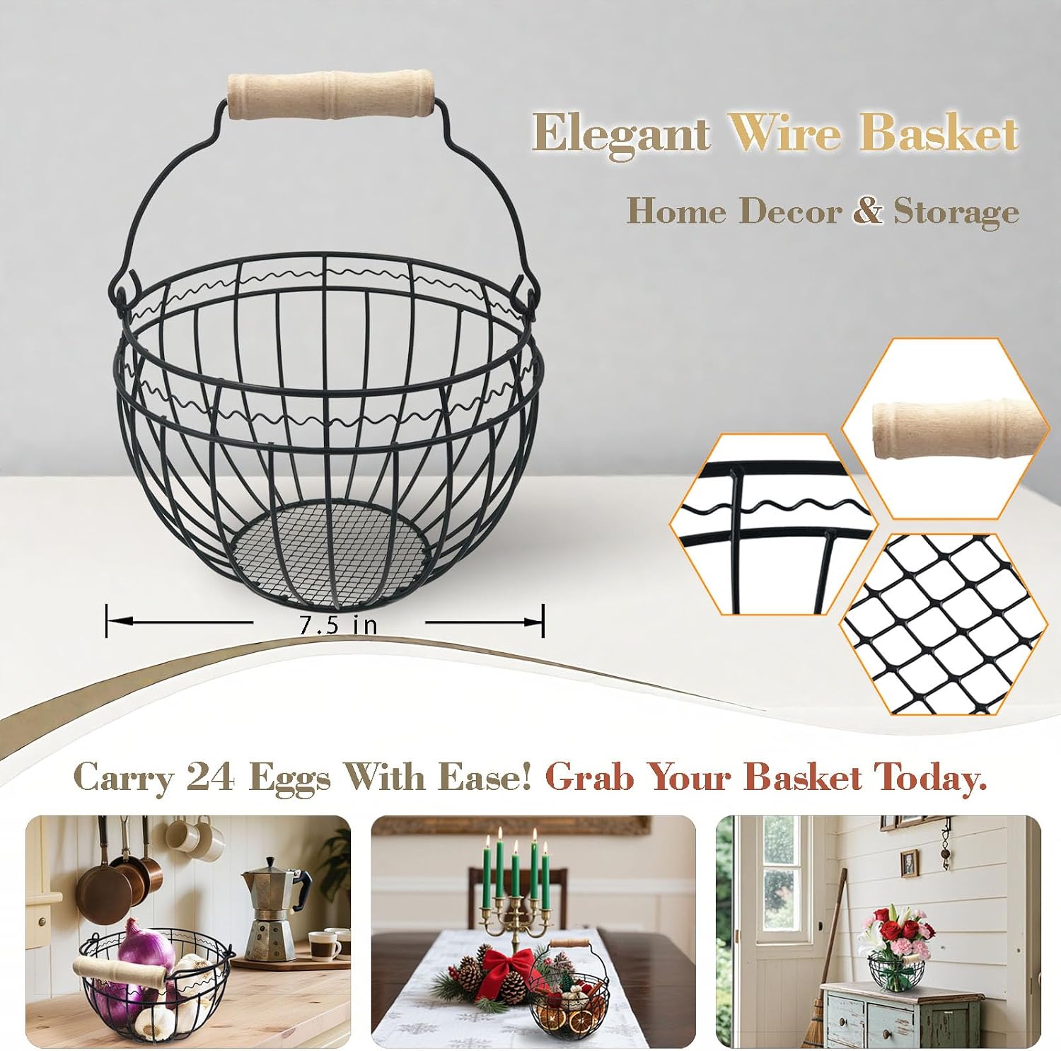 Wire Egg Basket for Gathering Fresh Eggs, Wooden Handle, Small, Holds 24