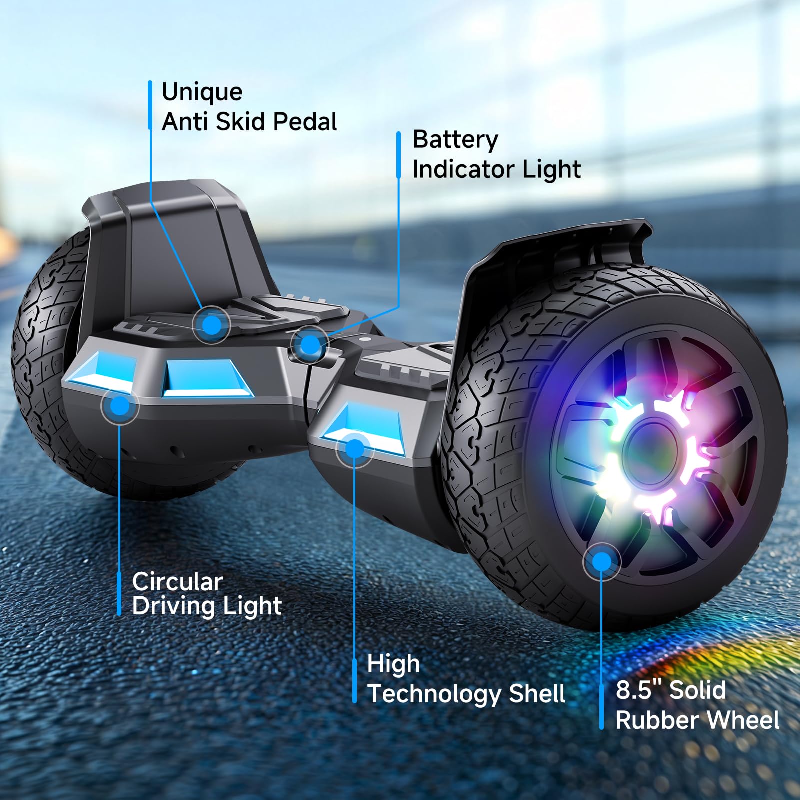 SISIGAD Hoverboard 8.5" Todo Terreno, Estándar de la UE- Bluetooth Integrado con Potente Motor, Monopatín Eléctrico Auto-Equilibrio, Regalo para Adolescentes y Adultos