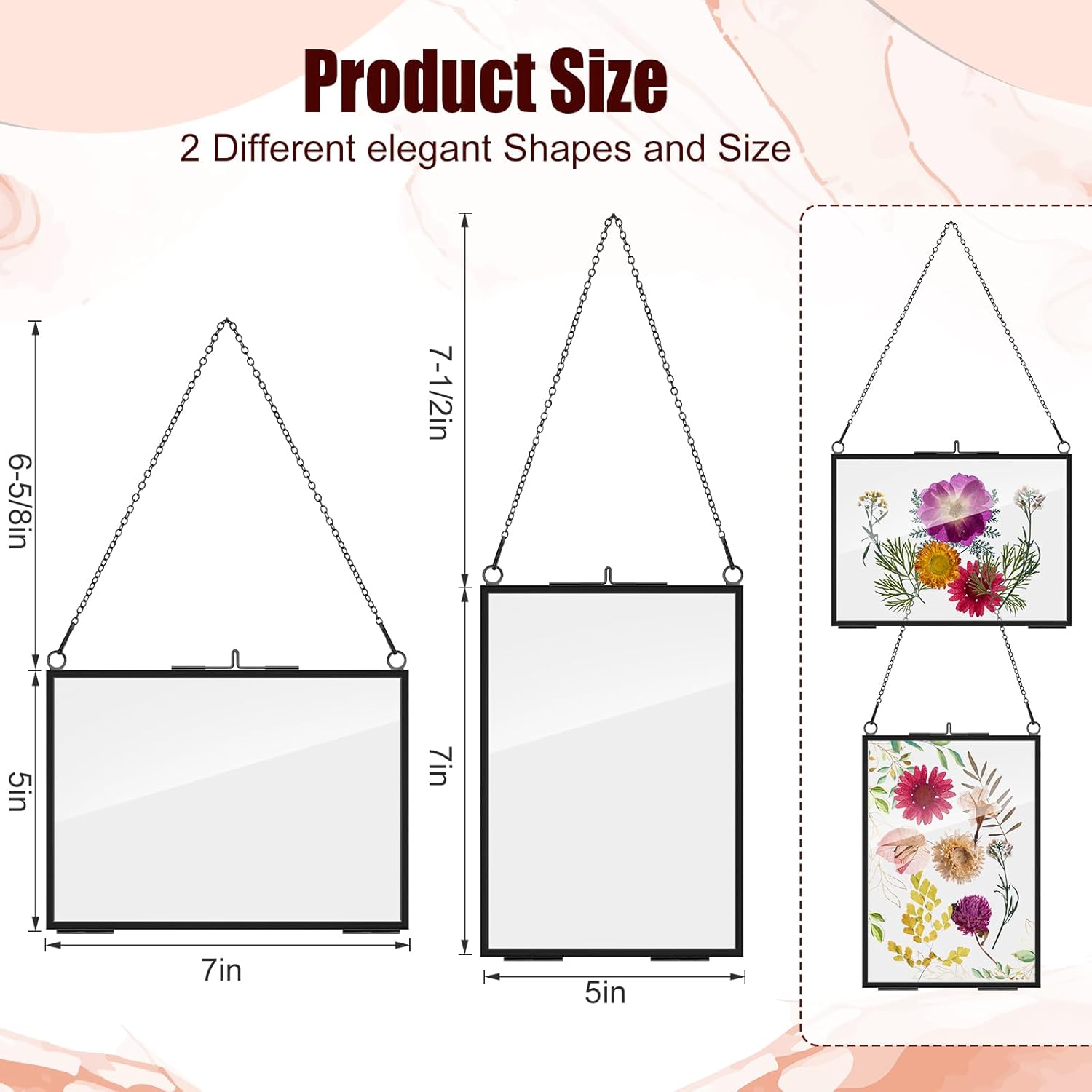 Barydat 12 Pack Pressed Flowers Glass Frames, 5 x 7 Inch Brass Hanging Floating Frame with Chain, Double Glass Photo Display for Dried Flowers, Plant Specimen, Artwork Display (Black) Black 12