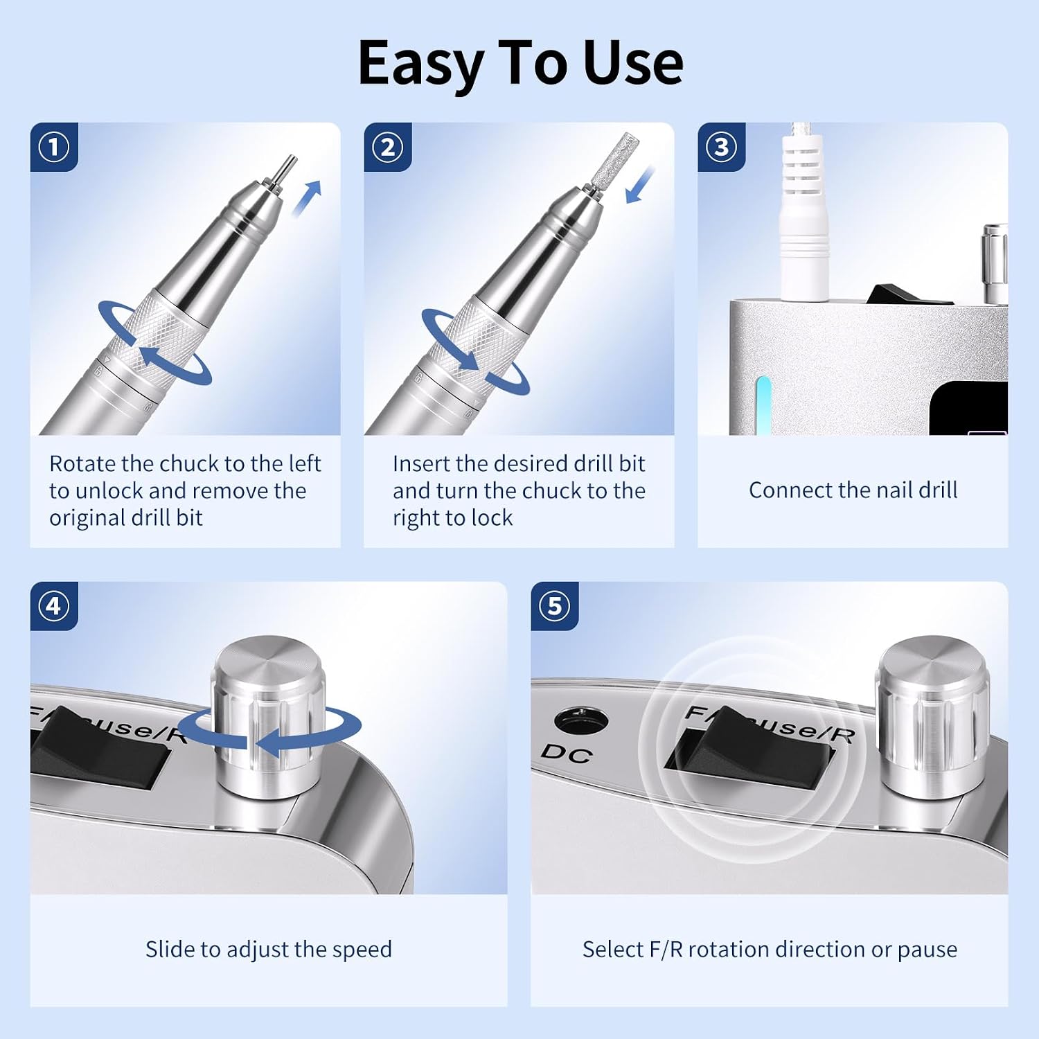 Professional Electric Nail Drill Coreless Motor - 45000 RPM Cordless Nail Drill Machine, Rechargeable Electric Nail File for Acrylic Gel Polishing Removing, Portable E-File for Salon & Home Manicure