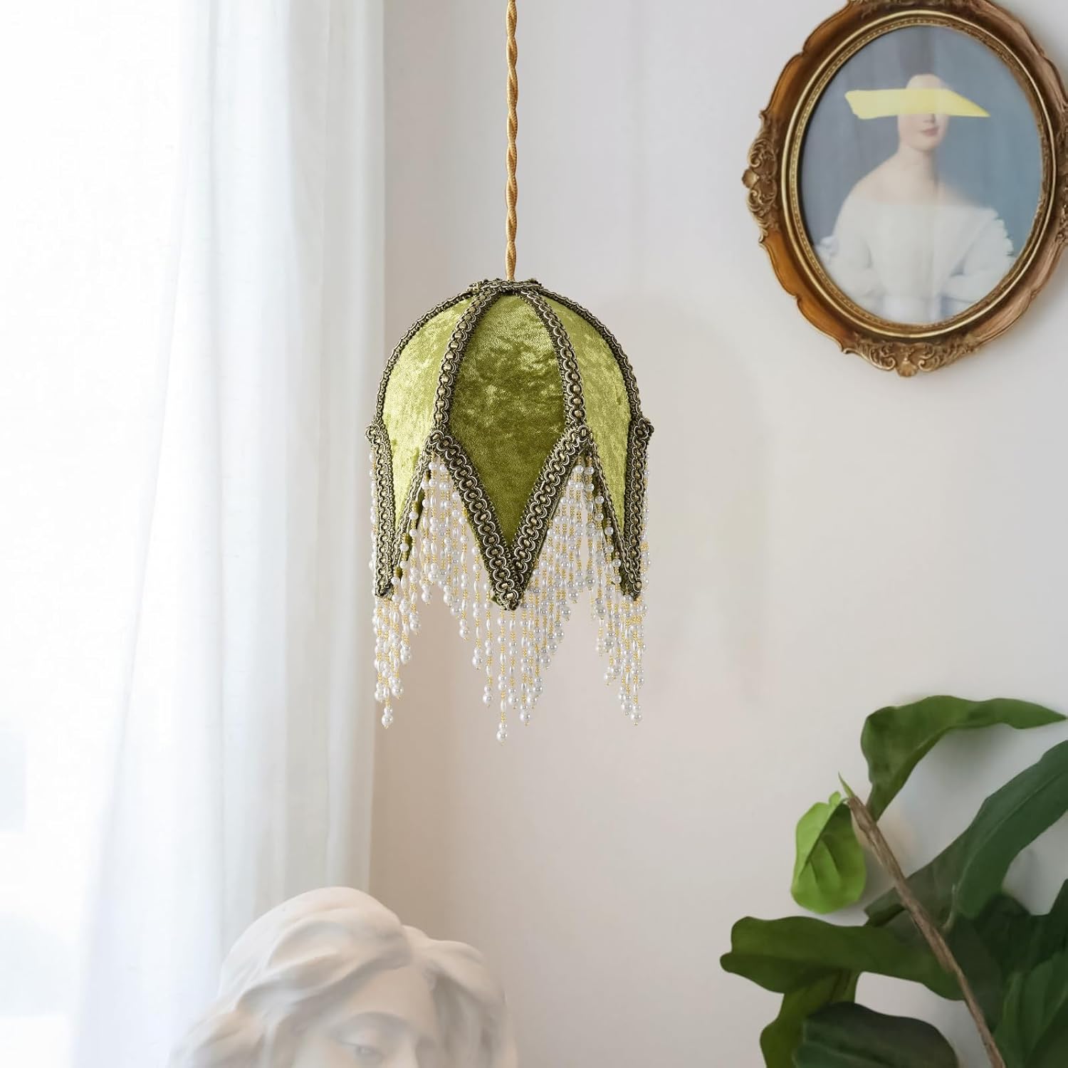 Tassel lampshade - Retro country style green bead tassel lampshade,8.7"High artistic atmosphere replacement lamp accessory for living room-C