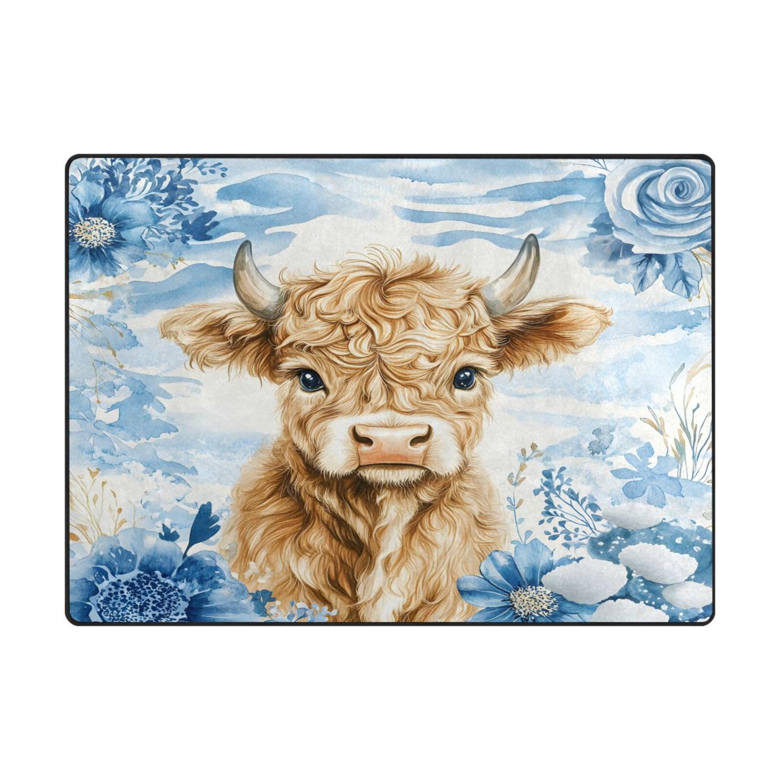 Tapis de sol contemporain floral bleu vache dans votre salon