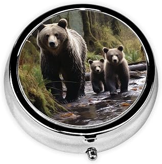 Pill Box Mother Bear and her Cubs Round Pill Case for Purse 3 Compartment Medicine Pill Organizer Portable Travel Pillbox Metal Small Pill Container Holder to Hold Vitamins Fish Oil Supplements