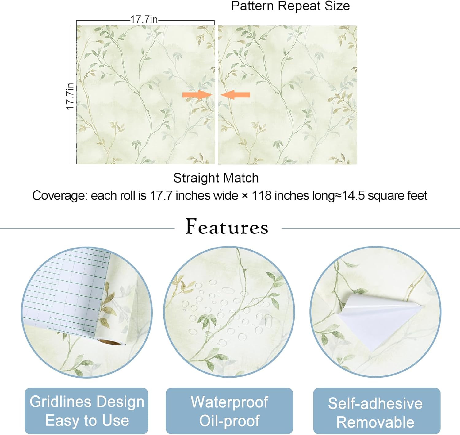 VaryStyle 17.7"x393" Vintage Leaf Branches Wallpaper Light Green/Yellow Foggy Tree Twigs Forest Peel and Stick Wallpaper for Kitchen Removable Waterproof Sticky Retro Contact Paper for Drawers Shelves