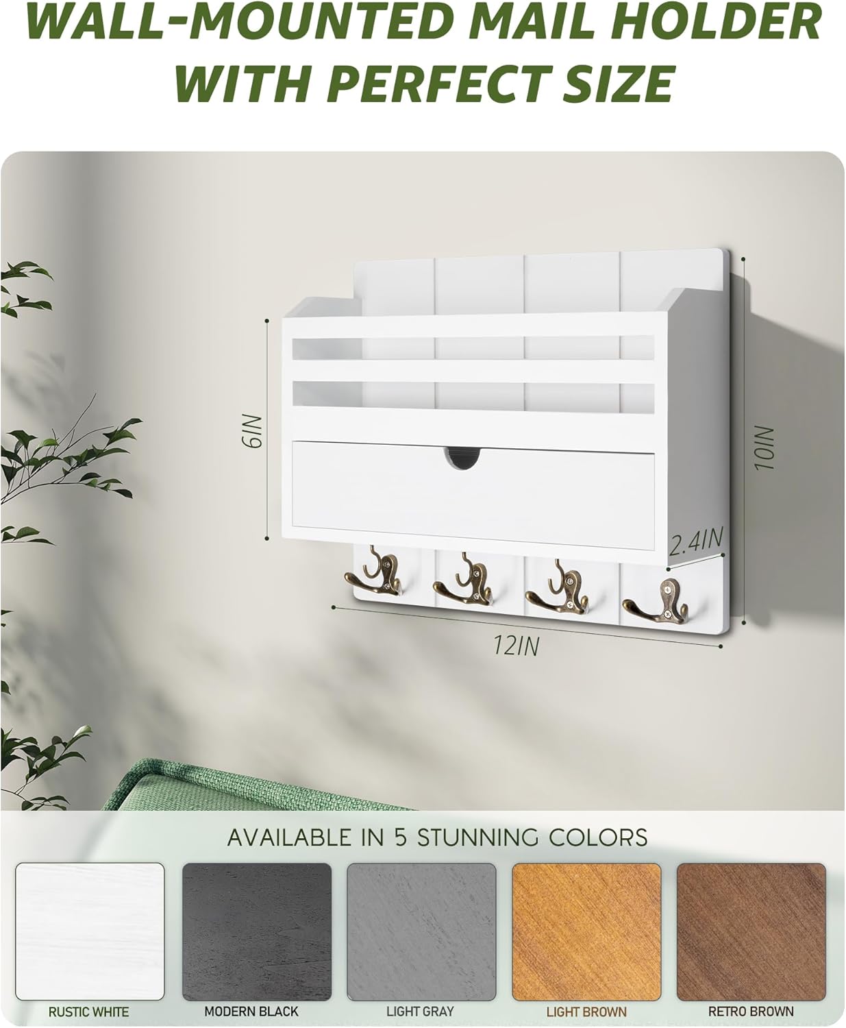 Rebee Vision Stylish Key & Mail Organizer Wall Mounted Set - Mail and Key Holder Wall Mount with Drawer and Storage Slot for Home Decor - Modern Farmhouse Apartment Essentials (White)