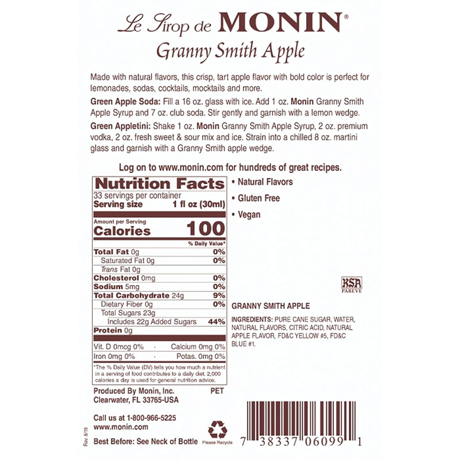 Monin - Granny Smith Apple Syrup, Great for Cocktails and Lemonades, Gluten-Free, Non-GMO (1 Liter)