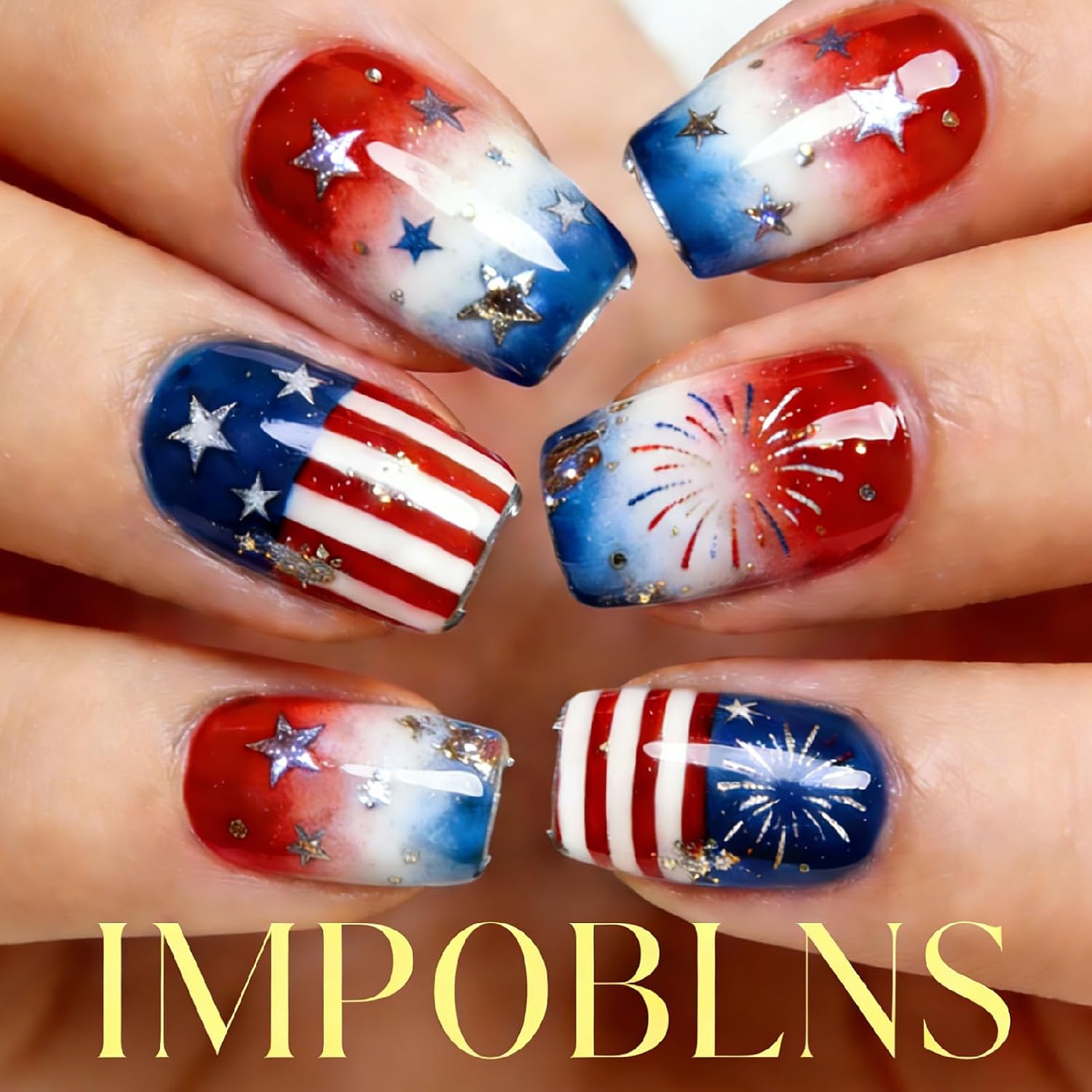 Patriotic Red Blue White Stars Nail Design on Hand