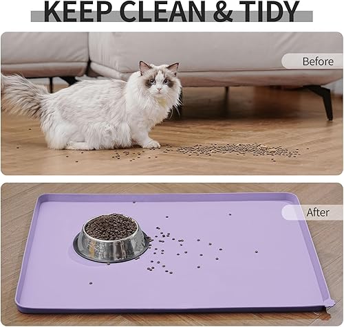 Vista 113 de Tapete impermeable para comida de perros y gatos con bordes elevados altos, pesados y gruesos, tapete de silicona libre de bisfenol A, para prevenir