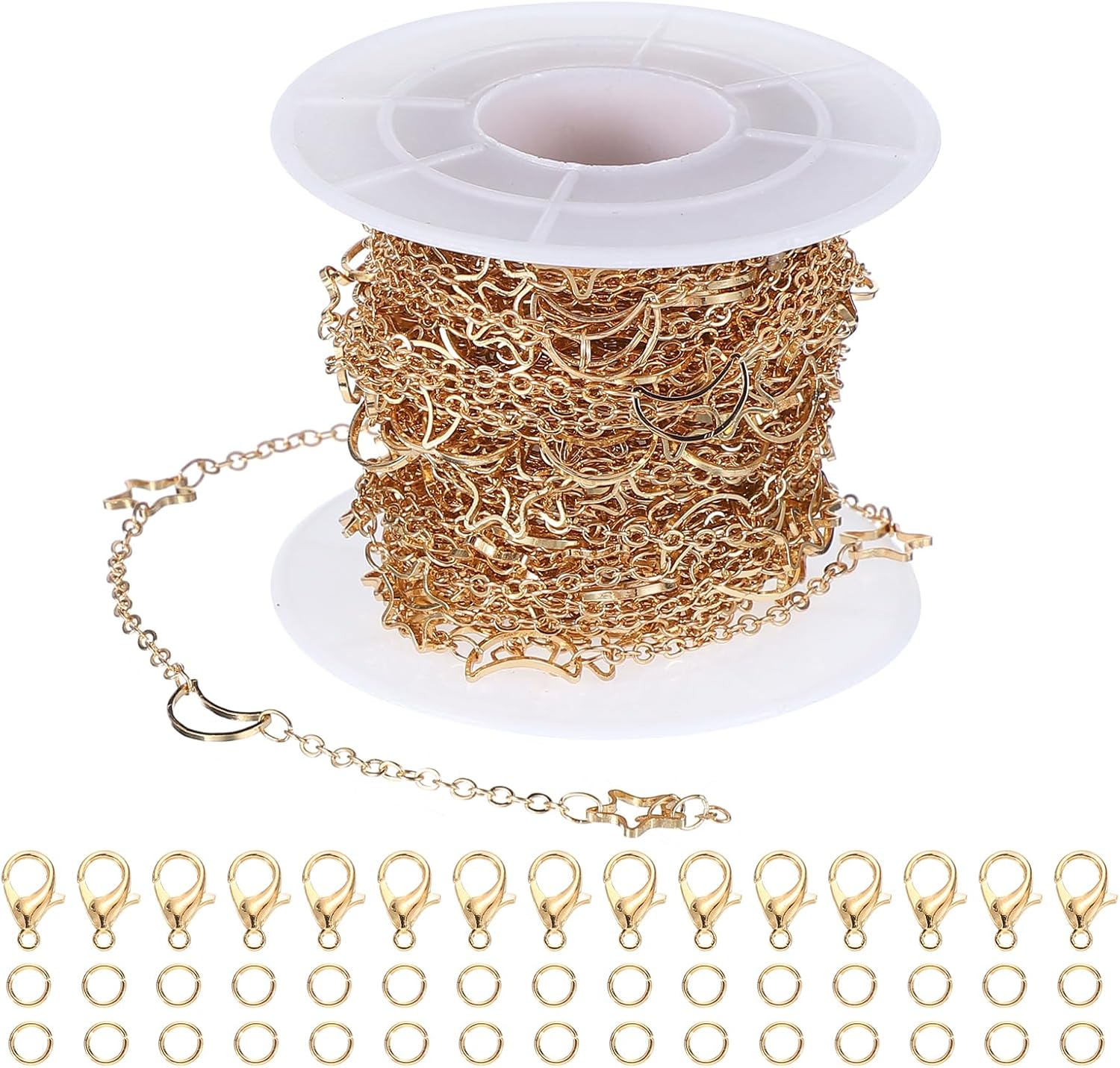 PATIKIL Copper Jewelry Chain, 33Ft Star Moon Link Cable Chains for Necklace Earring Bracelet Findings Jewelry Making Trucker Hat Chains, Gold