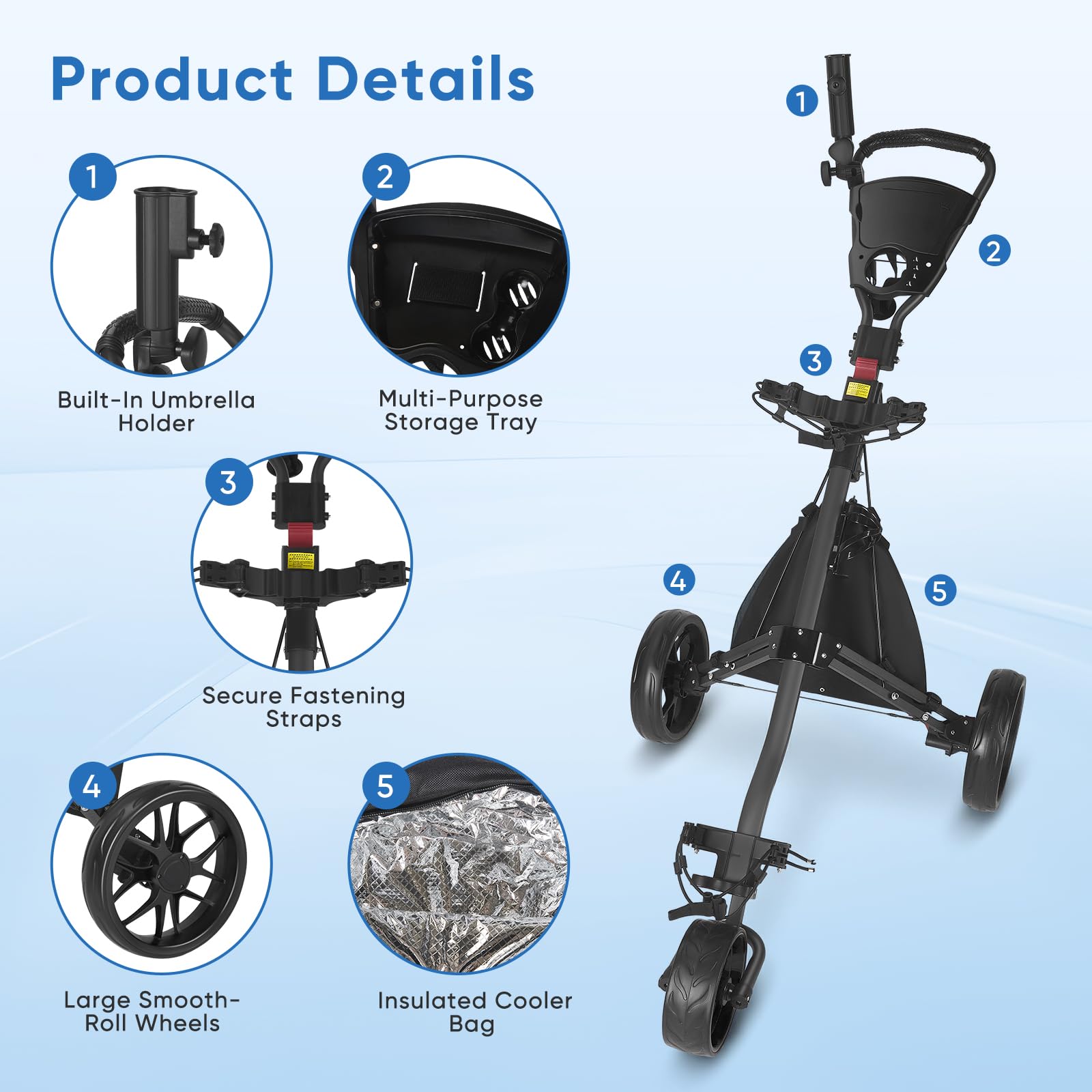 Golfwagen Klappbar 3 Räder, Golf Trolley Leicht mit Fußbremse, zusammenklappbarer Golf Caddy mit Eva Rollen, Kühltasche & Schirmhalter, für Jede Golftasche