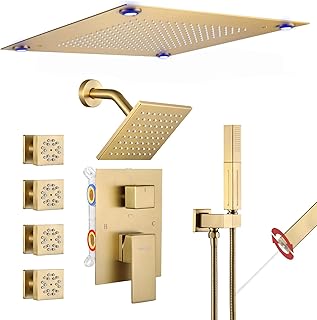 VANFOXLE Shower Faucet Set Brushed Gold Shower System,Shower Faucet with 2 in 1 Handheld,Ceiling Mount 16 Inch LED Shower Head+6 Inch Shower Head(Rough-in Valve Body and Trim)