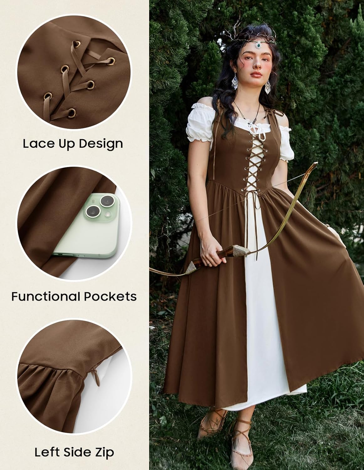 SCARLET DARKNESS Renaissance Costume Women Peasant Medieval Dress Short Sleeve Maxi Fairy Dresses with Pockets - Image 4