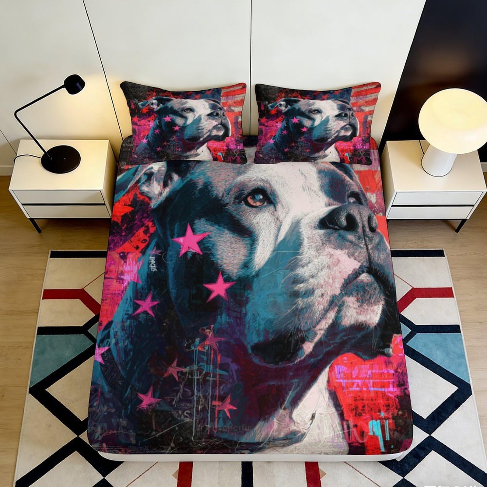 3D Printed American Pitbull Fitted Sheet Microfiber Bedroom Decor Art Dog Bed Cover Easy Care Anti Dust 90x200x25cm