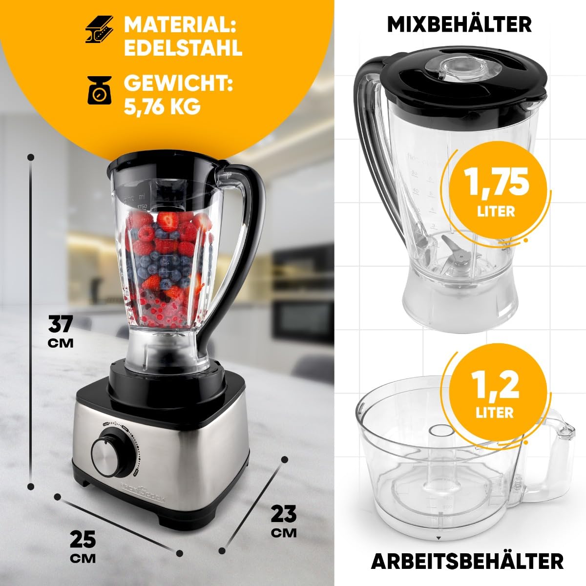 Robot da cucina ProfiCook® 3in1 | frullatore, robot da cucina e spremiagrumi | 1200W | trita, grattugia, impasta | Velocità variabile | apertura di riempimento | 11 accessori inclusi | PC-KM 1063