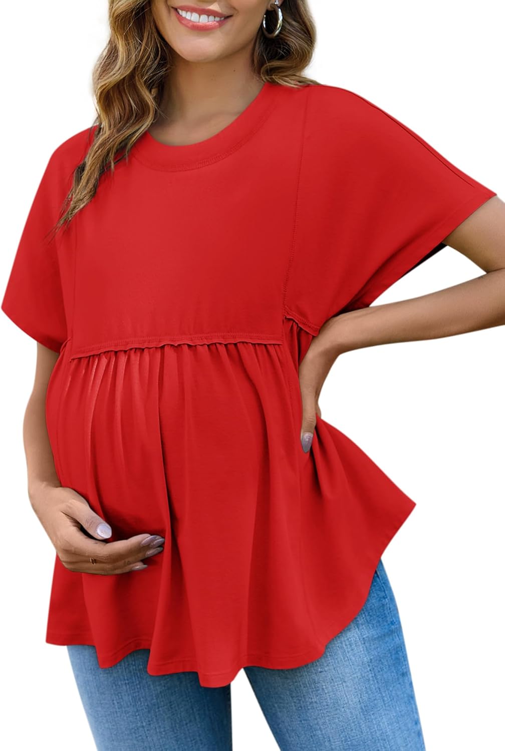 Yousify Women’s Maternity Shirts Short Sleeve Crew Neck Tunic Tops Casual Babydoll Spring Summer Blouses Clothes