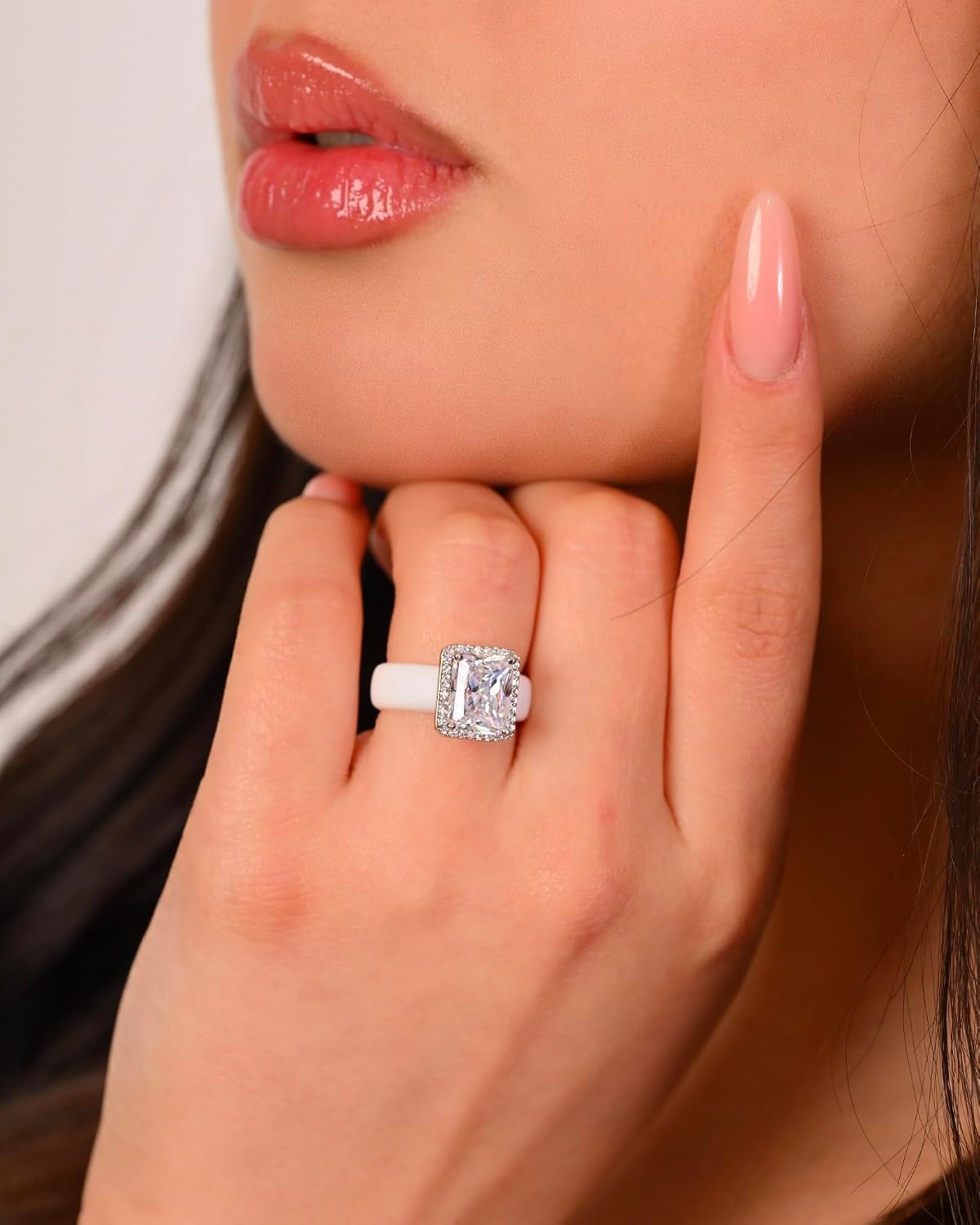 Rinfit Silicone Ring with CZ Stone - Emerald Cut Halo Cubic Zirconia Ring for Women - Rubber Wedding Band - Patented Design
