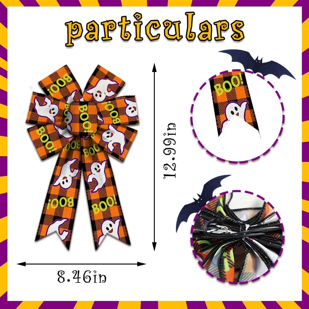 2PCS Halloween Wreath Bows Halloween Decor Bows Ghost Boo Buffalo Plaid Burlap Linen Bows for Wreath, Halloween Fabric Ribbon Bows for Home Party Indoor Outdoor Decoration Wreath Ornament Supplies