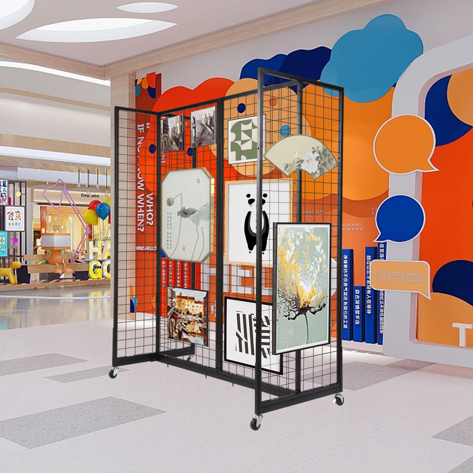 NectaCol Grid Gondola Unit, 4 Pieces 2 Foot x 5 Foot Gridwall Panels Tower with Floorstanding, Black Wire Grid Wall Panels with Wheels Legs, Craft Fair Display Rack, Art Display Stand