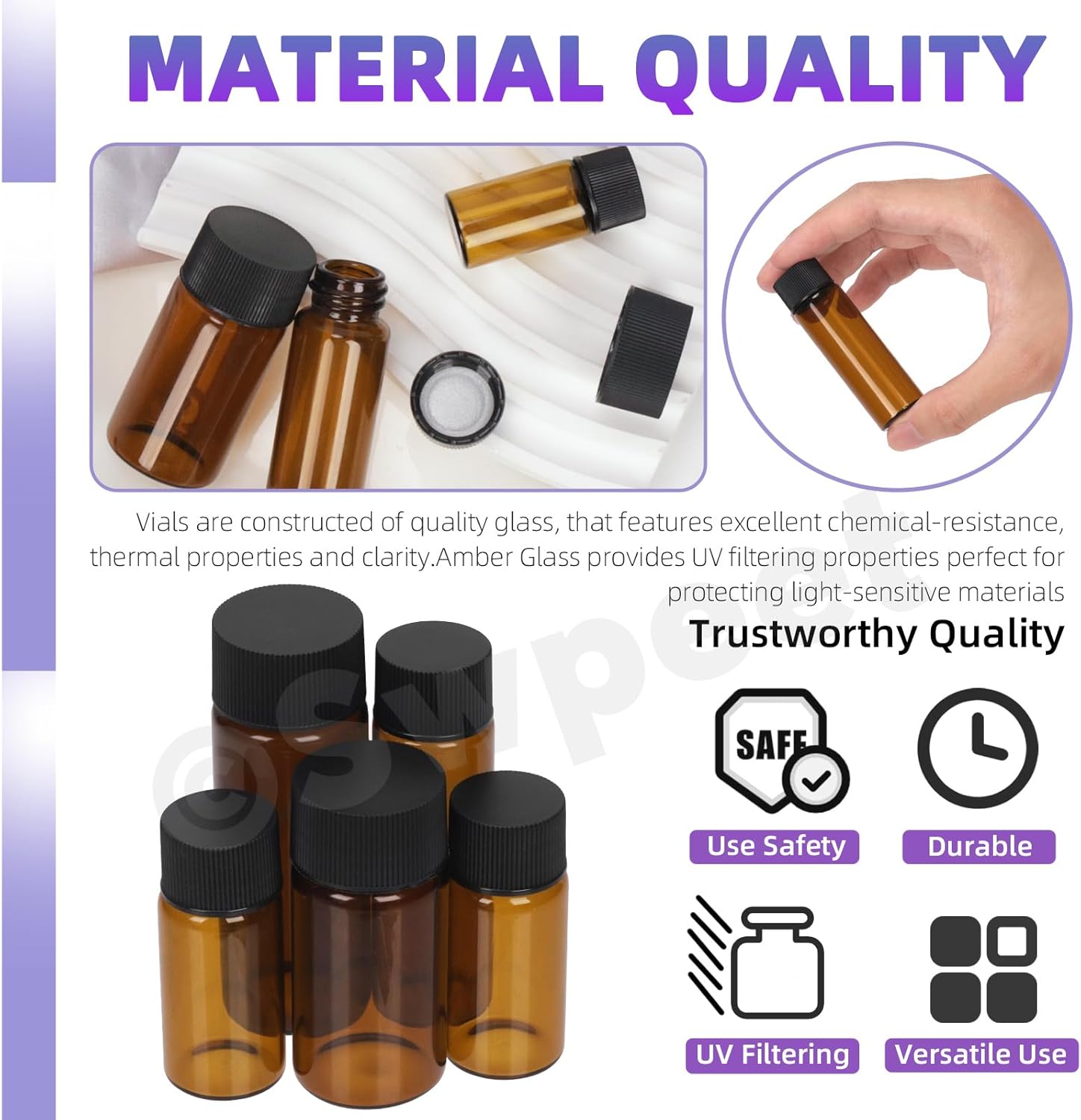 Swpeet 38Pcs 5 Capacity Brown 5ML 10ML 15ML 20ML 30ML Small Glass Vials with Black Screw Caps and Plastic Transfer Pipettes with Plastic Funnel Assort Kit, Perfect for Oil, Perfume, Leak Proof Travel
