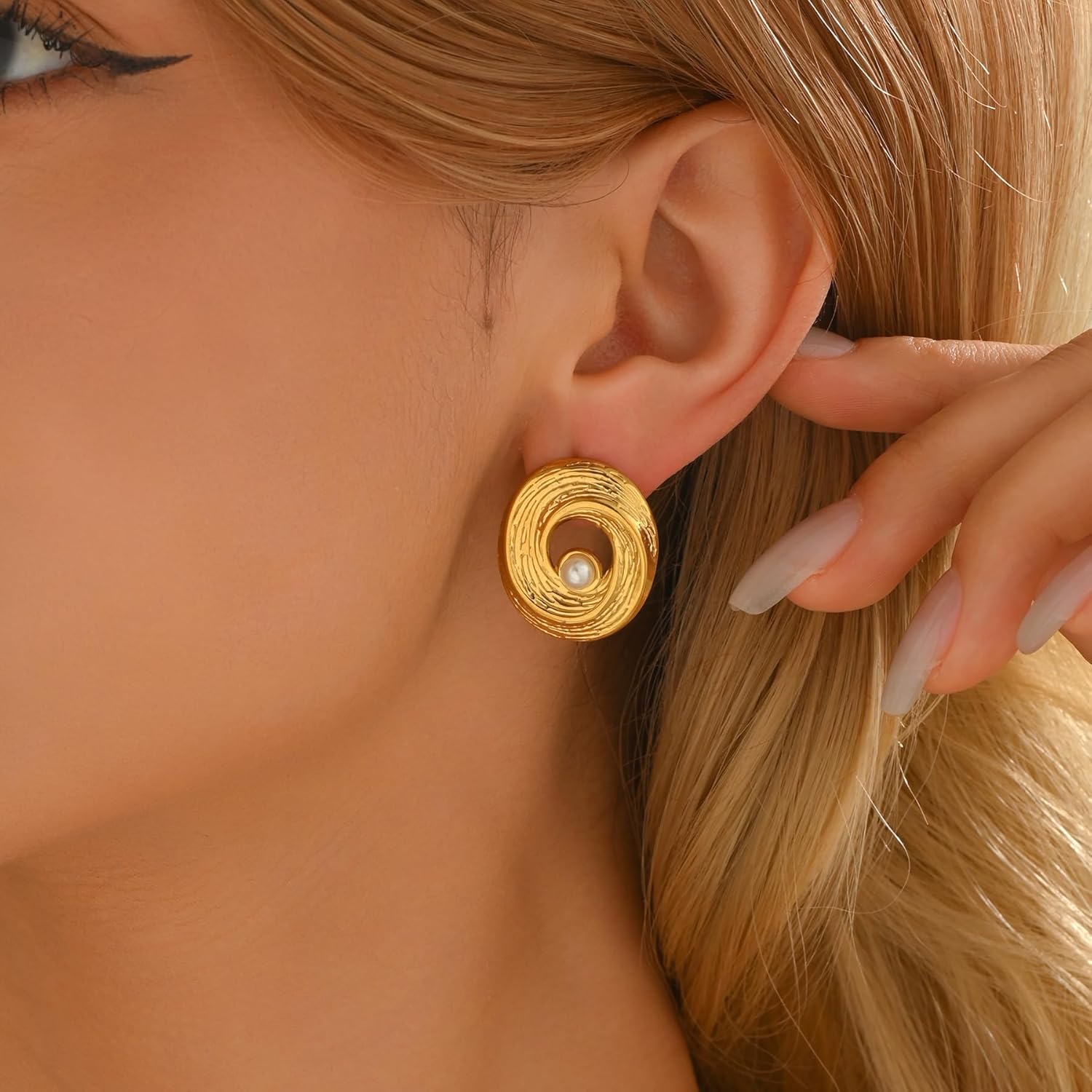 Trendy Gold Earrings for Women 18K Gold Plated Dainty Geometric Stud Earring Simple Minimalist Pearls Stud Hypoallergenic Earring for Everyday Jewelry - Image 3