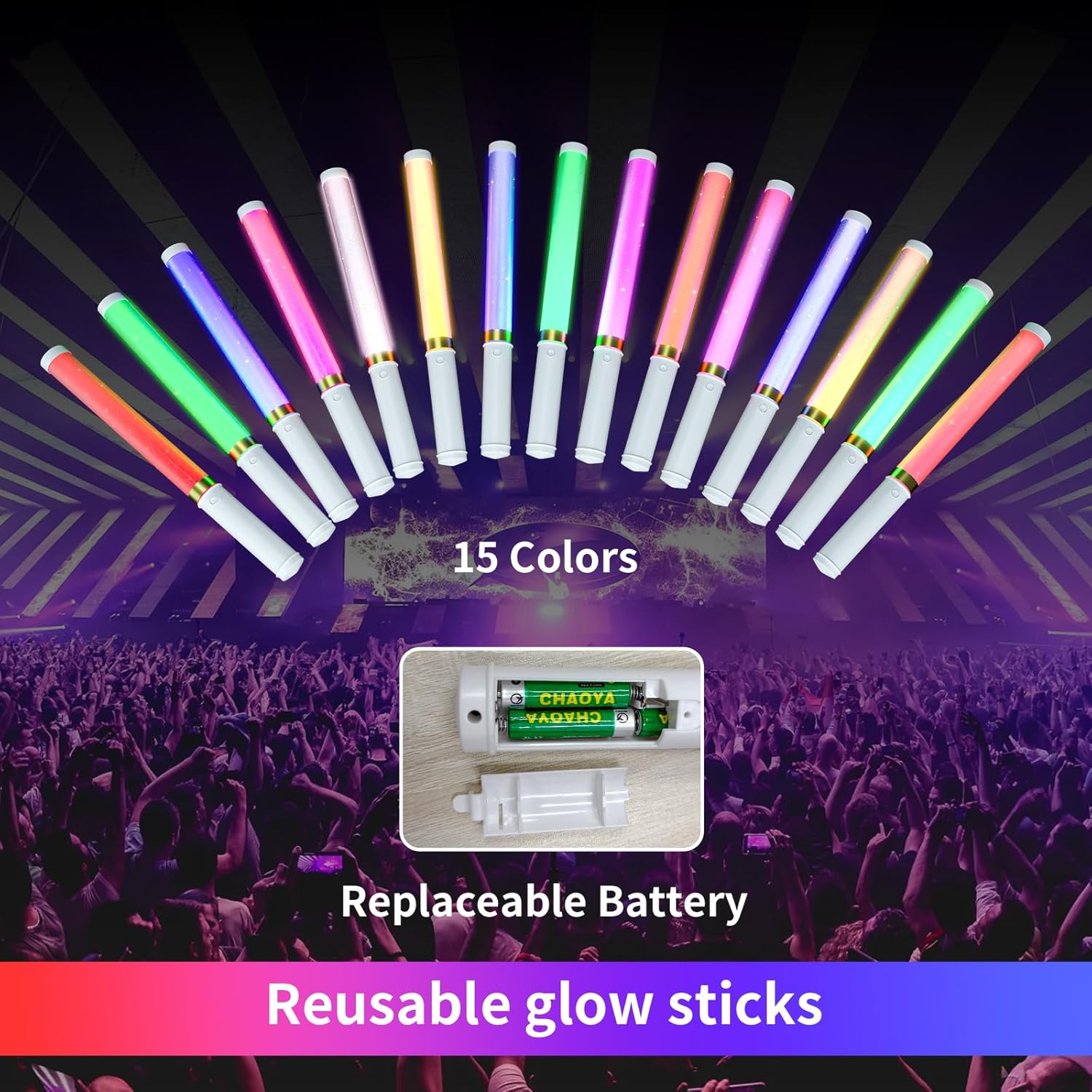 Bsgifts LED Glow Sticks 6 Pack, Reusable 15 Colors Light Stick Bulk, Glow Party Supplies for Wedding, Birthday, Raves, Concert, Camping, New Year, Halloween, Christmas (with AAA Battery)
