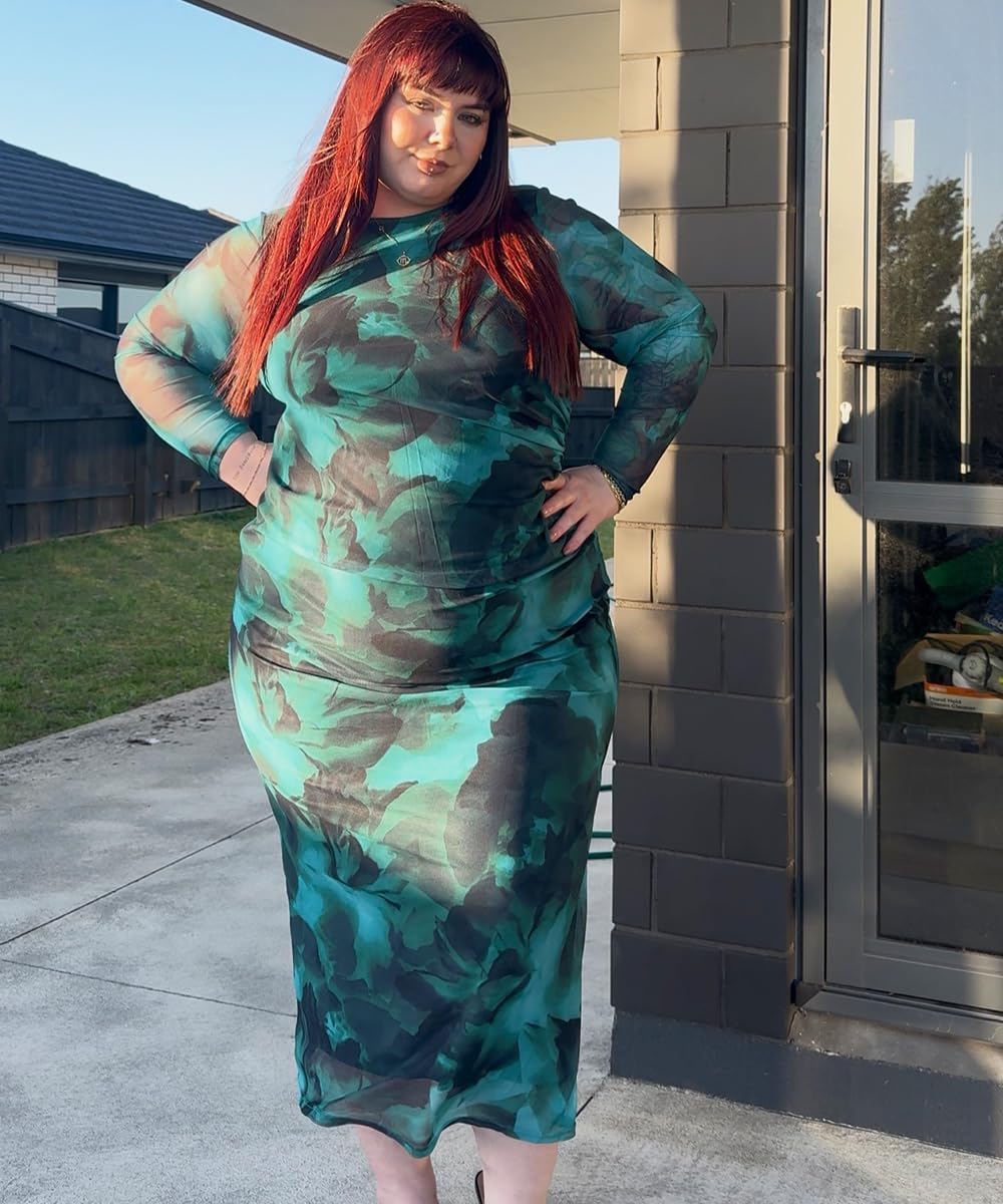 TIYOMI Women's Plus Size Cocktail Floral Maxi Dress Crewneck Long Sleeve Bodycon Wedding Guest Party Dresses XL-5XL 14W-28W - Image 3