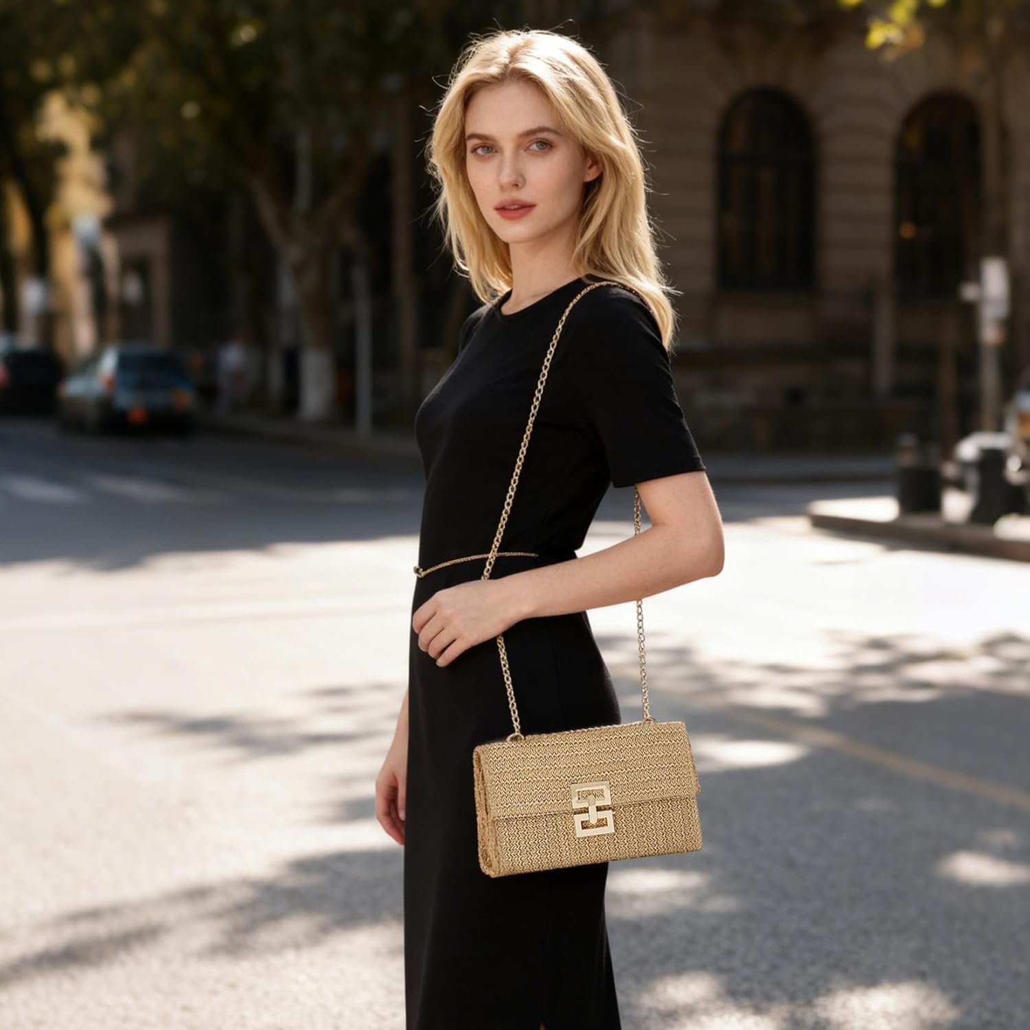 Woven Straw Purses with Metal Chain | Beach Bag for Women | Dual Package for Wedding, Party, Vacation & Evening Events