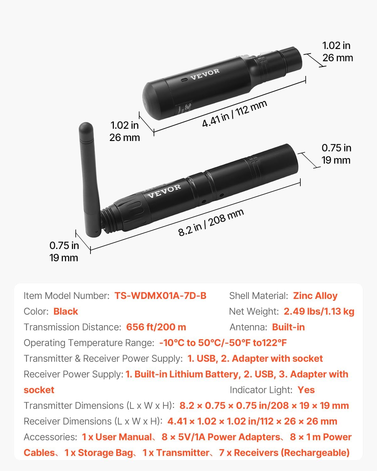 VEVOR Wireless DMX, 8 PCS Built-in Rechargeable Battery 7 Receivers & 1 Transmitter DMX512 Wireless Dfi 2.4G ISM Band 656 ft Transmission Range for LED Stage Party DJ Bar Lighting with Storage Bag