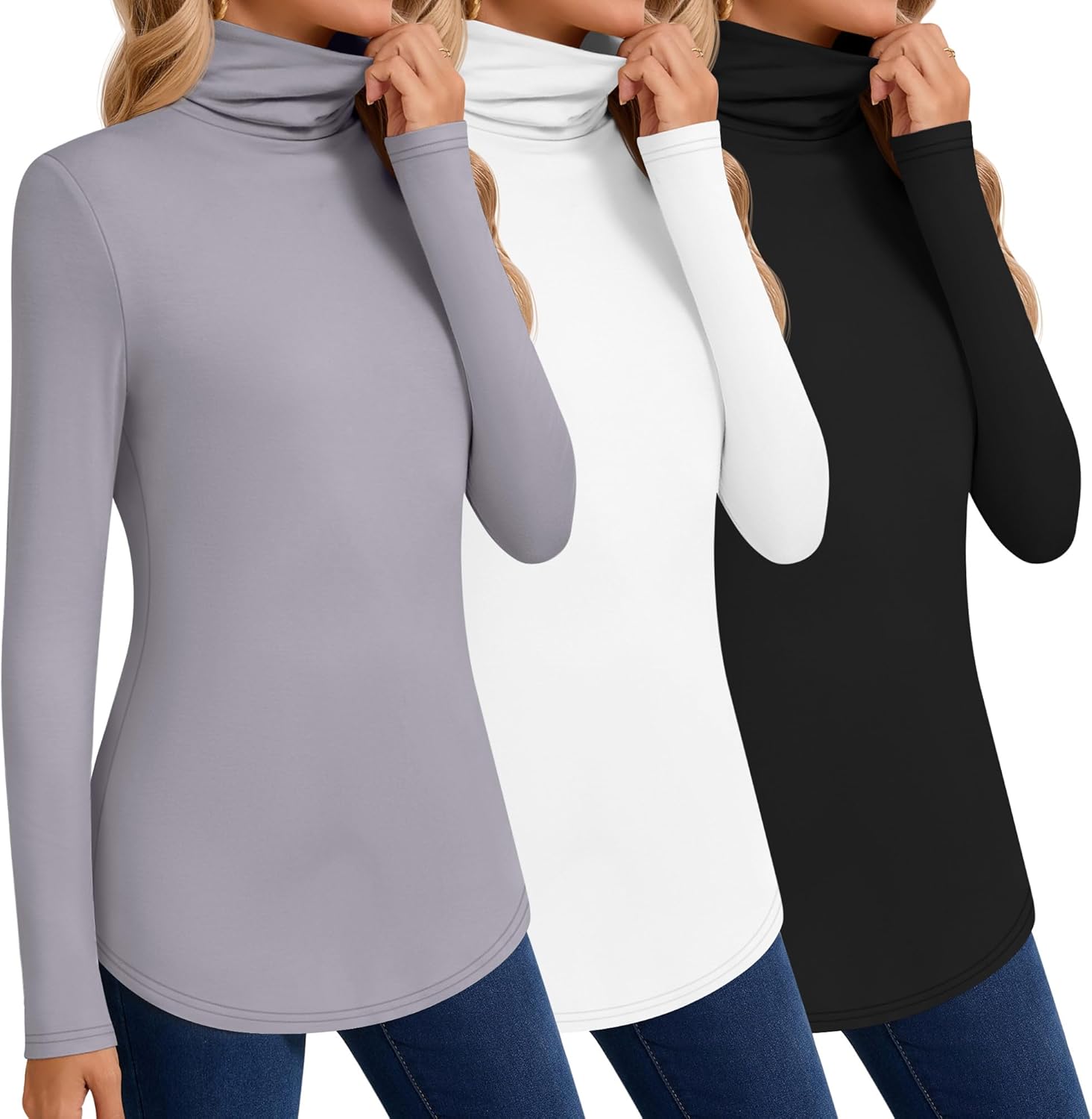 Huukeay 3 Pcs Women's Turtleneck Basic Long Sleeve Shirts Thin Slim Fit Soft Pullover Tops Fall Winter