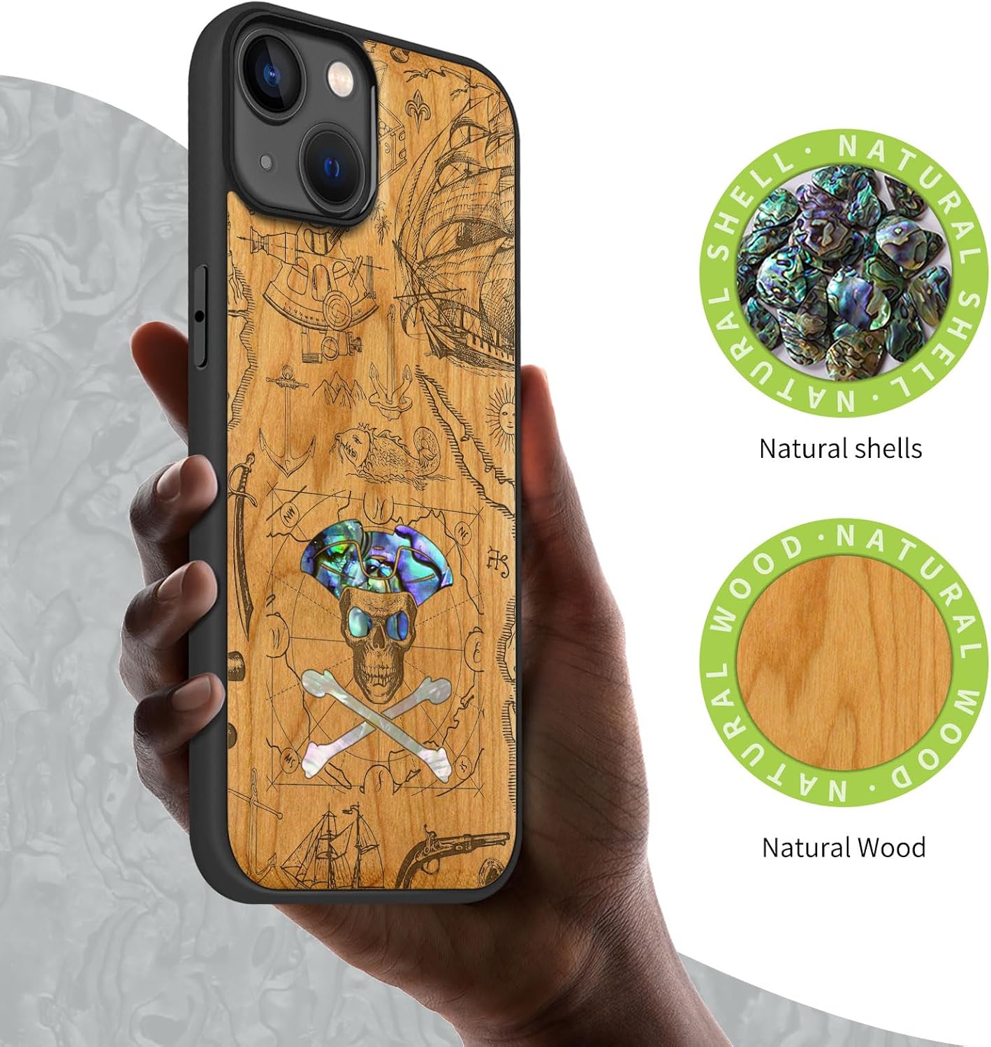 Carveit Wooden Case for iPhone 15 Plus Magnetic Case, Compatible with MagSafe Wireless Chargers, Shockproof Cover, Handmade Shell Inlaid & Wood Artisan Engraved (Pirate Skull) Cherry