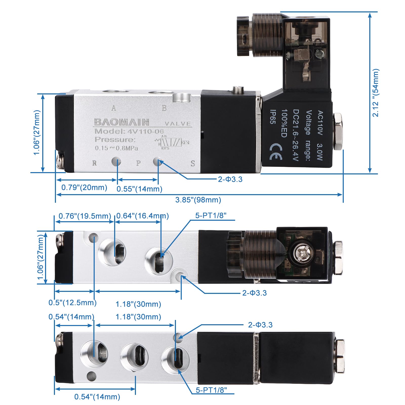 Baomain Pneumatic Solenoid Valve AC110V 5 port 2 position BSPT 1/8 4V110-06 with Fittings and muffler