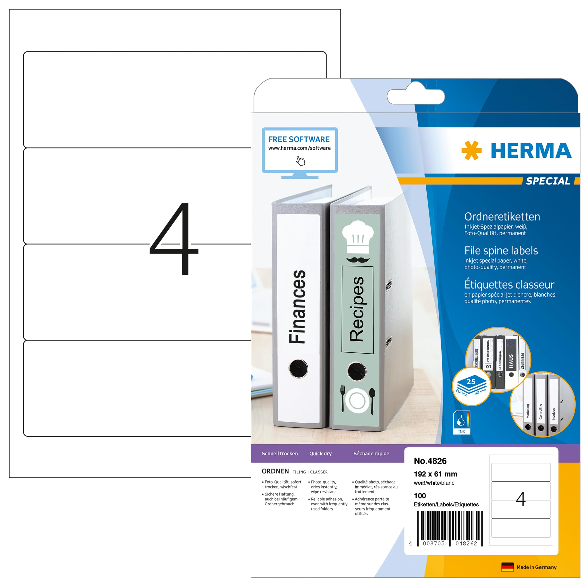HERMA Self Adhesive Spine Labels, 4 Labels per A4 Sheet, 25 Sheets, 192 x 61 mm, 100 Labels, Blank Lever Arch File Folder Labels Stickers, Sticky Labels for Laser & Inkjet Printer, White