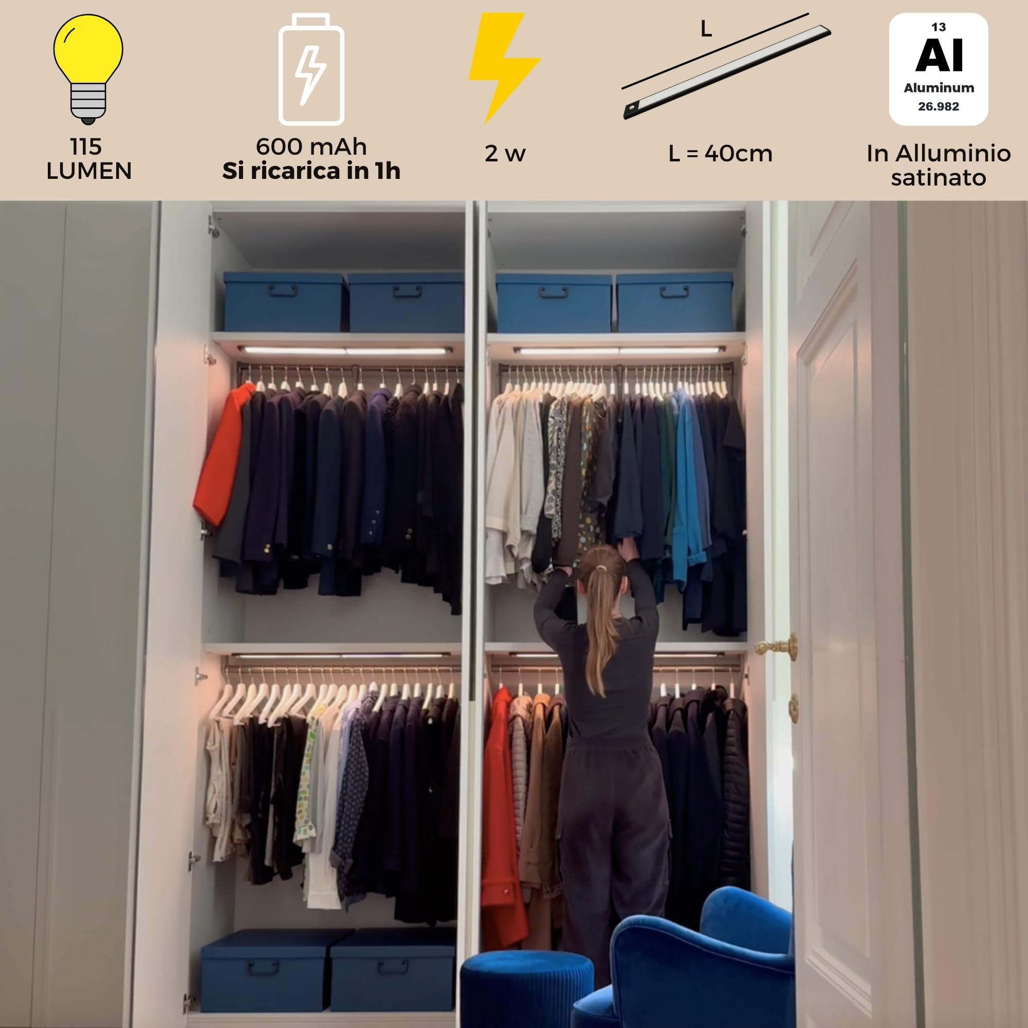 Luce Armadio LED con Sensore Ricaricabile, Barra LED Magnetica a 3 Tonalità, Intensità Regolabile Dimmerabile per Illuminazione per Interni, Ricarica USB, Lunghezza 40cm (Nero, 2 Pezzi)