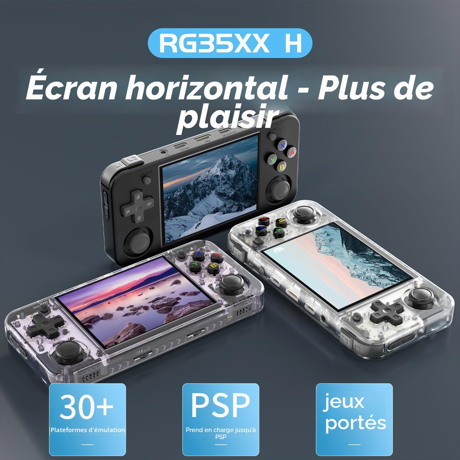 RG35XX H Console de jeu à main rétro rg35xxh console de jeu rétro avec batterie de 3300 mAh, 5500+ jeux, 64G TF carte Linux système d'affichage IPS de 3,5 pouces, Cortex-A53 rg35xx h