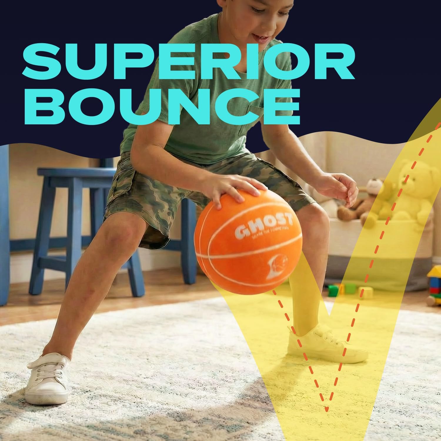 Funstuff Glow-in-The-Dark Silent Basketball, Size 7 (29.5″), Indoor Quiet Foam Basketball for Kids & Training, Airless, Soft