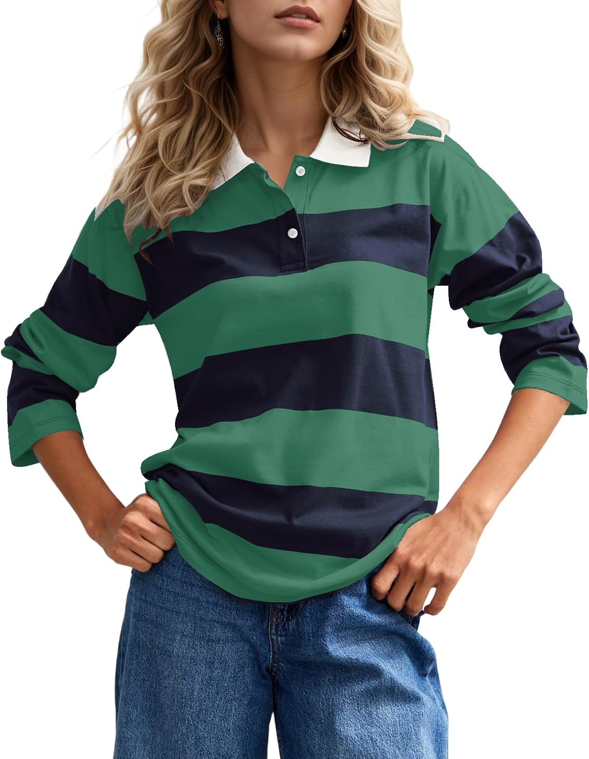 calbatic Rugby Striped Polo Shirt for Women Long Sleeve Lapel Collar T Shirt Color Block Casual Loose Pullover Tops