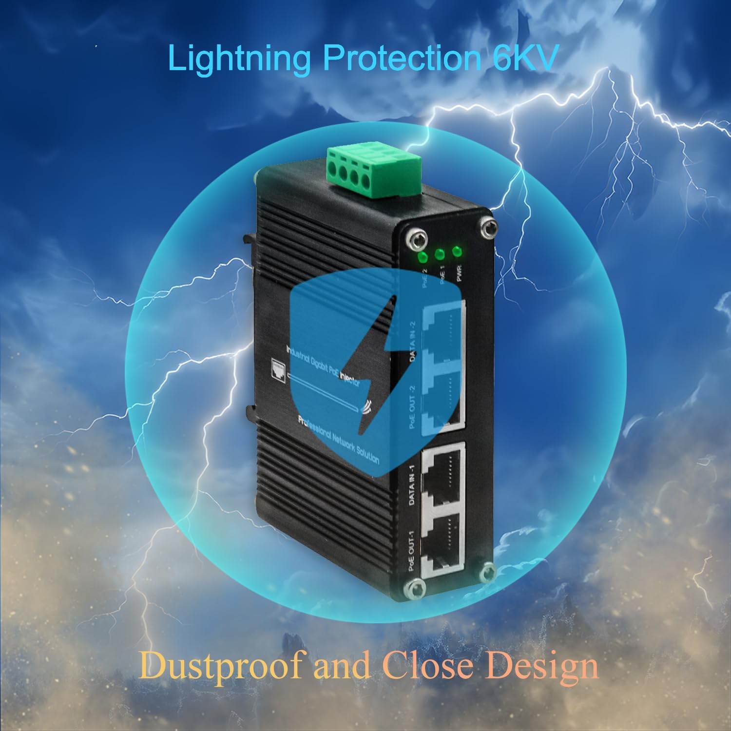 Industrial 2-Port Gigabit PoE+ Injector, 12~48VDC Input, 60W PoE Power Output, DIN-Rail & Wall Mount, -40°F to 176°F Operating Temperature, for IP Cameras & Wireless Access Points