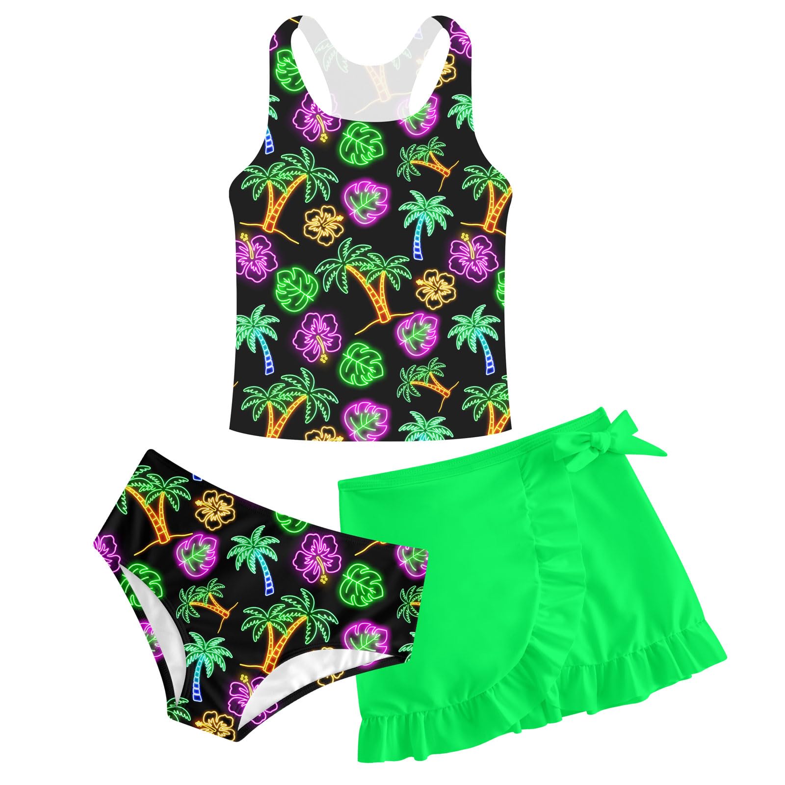 Girls Swimsuits 3 Piece Tankini Bathing Suit Set Cute Bikini Swimwear with Cover Ups Beach Skirt 5-16 Years