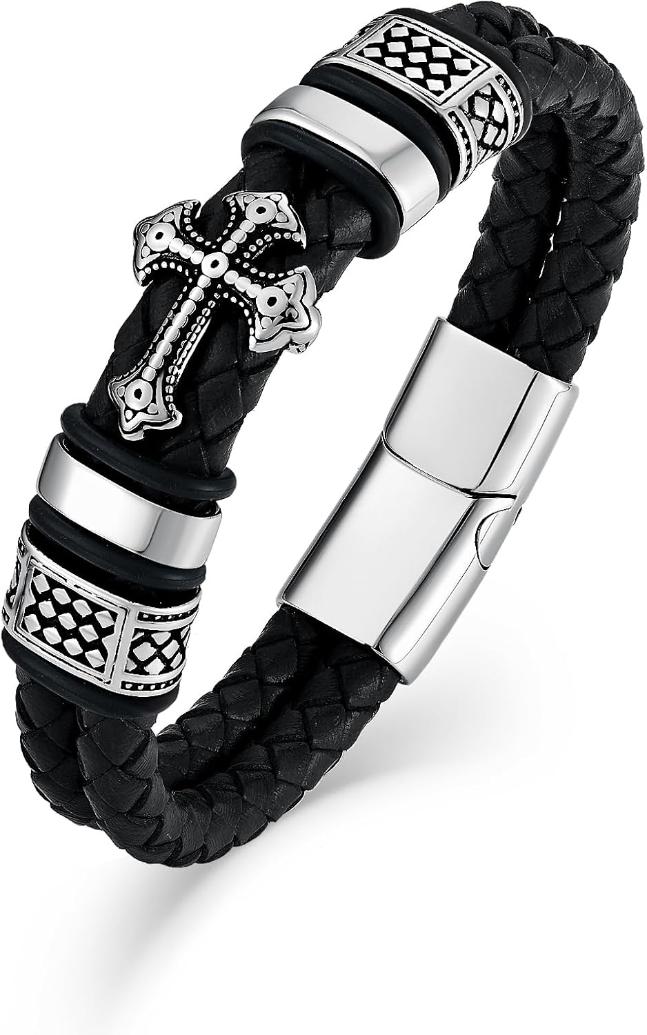 Mens Christian Cross Double Row Leather Bracelet, Religious Braided Cuff Bracelet for Men