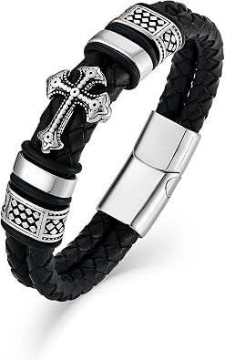 Mens Christian Cross Double Row Leather Bracelet, Religious Braided Cuff Bracelet for Men