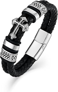 Mens Christian Cross Double Row Leather Bracelet, Religious Braided Cuff Bracelet for Men