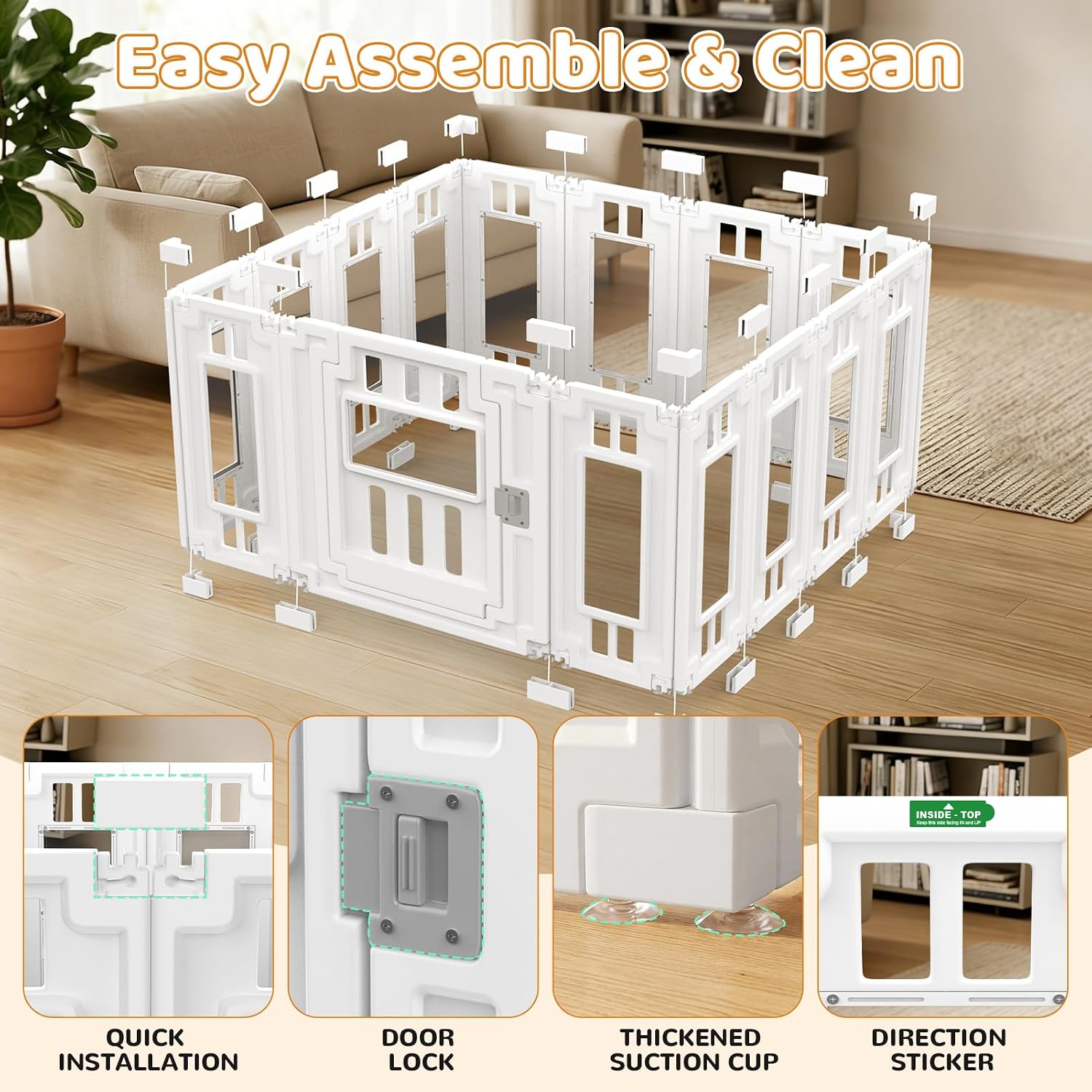 Dessports Clear Acrylic Dog Playpen - Indoor Puppy Fence Whelping Box with Washable Pad & Suction Cups - HDPE Transparent Pet Playpen for Small Dogs Cats Bunnies(47"x47"x24", 15PCS)