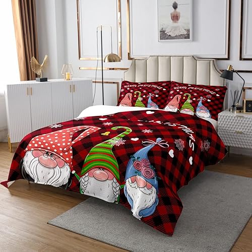 Miniatura 2 de Juego de colcha de Navidad tamaño Queen, lindo gnomo de Navidad, Papá Noel, copo de nieve, para hombres, mujeres y adultos, estampado de rayas rojas