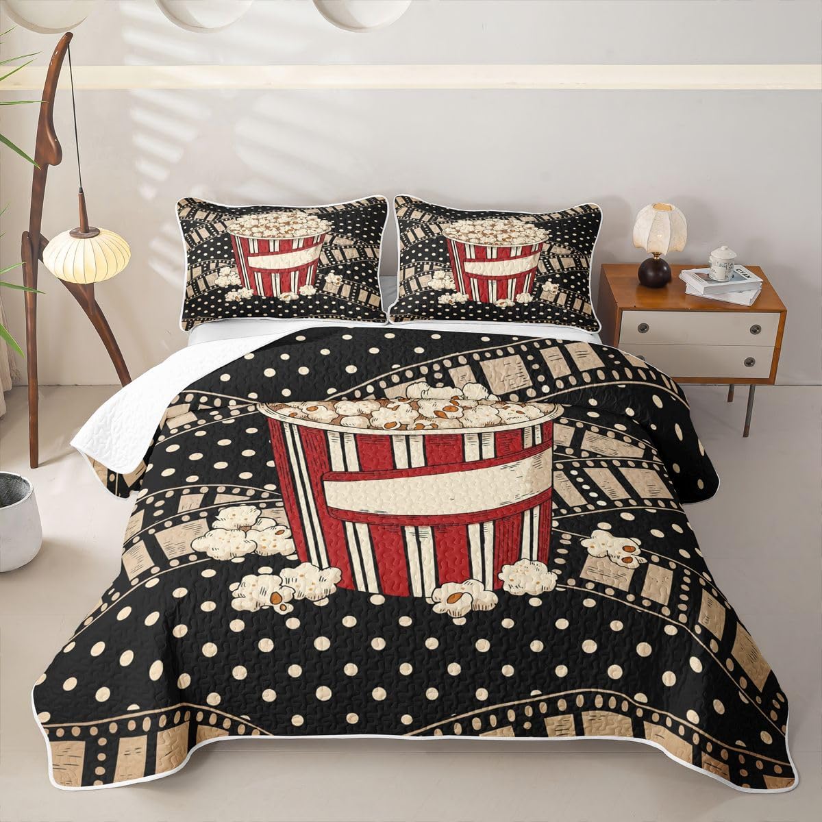 jejeloiu Vintage Cinema Quilt Set 2 Pieces Twin Size Polka Dot Quilted Bedding for All Season Cinema Snack Popcorn Kids Boys Girls Bedspread Film Strip Coverlet Set with 1 Pillowcase
