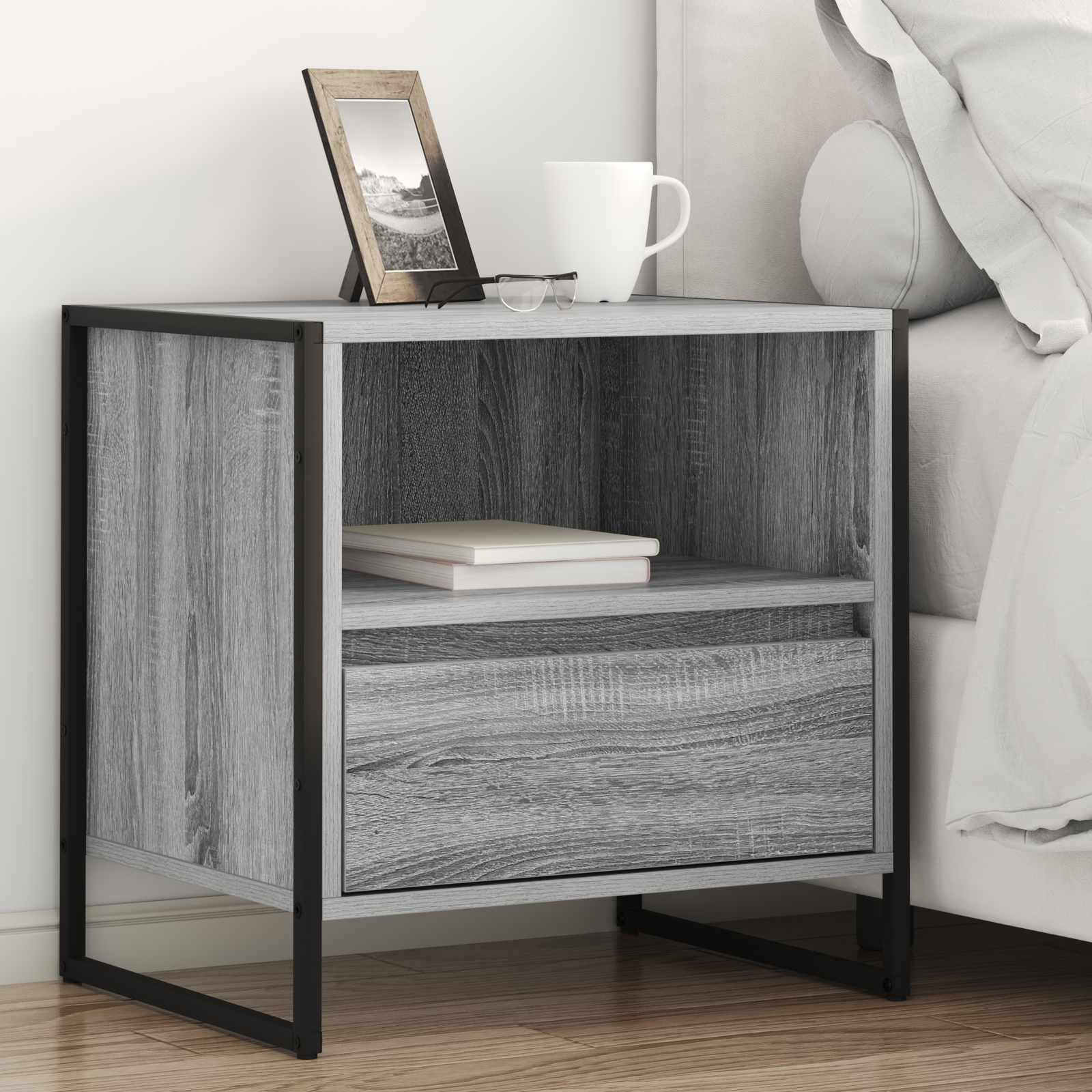 Comodino Sonoma 50 × 39,5 × 50 cm legno con cassetto, gambe in acciaio inox, moderno tavolo laterale per camera da letto e soggiorno