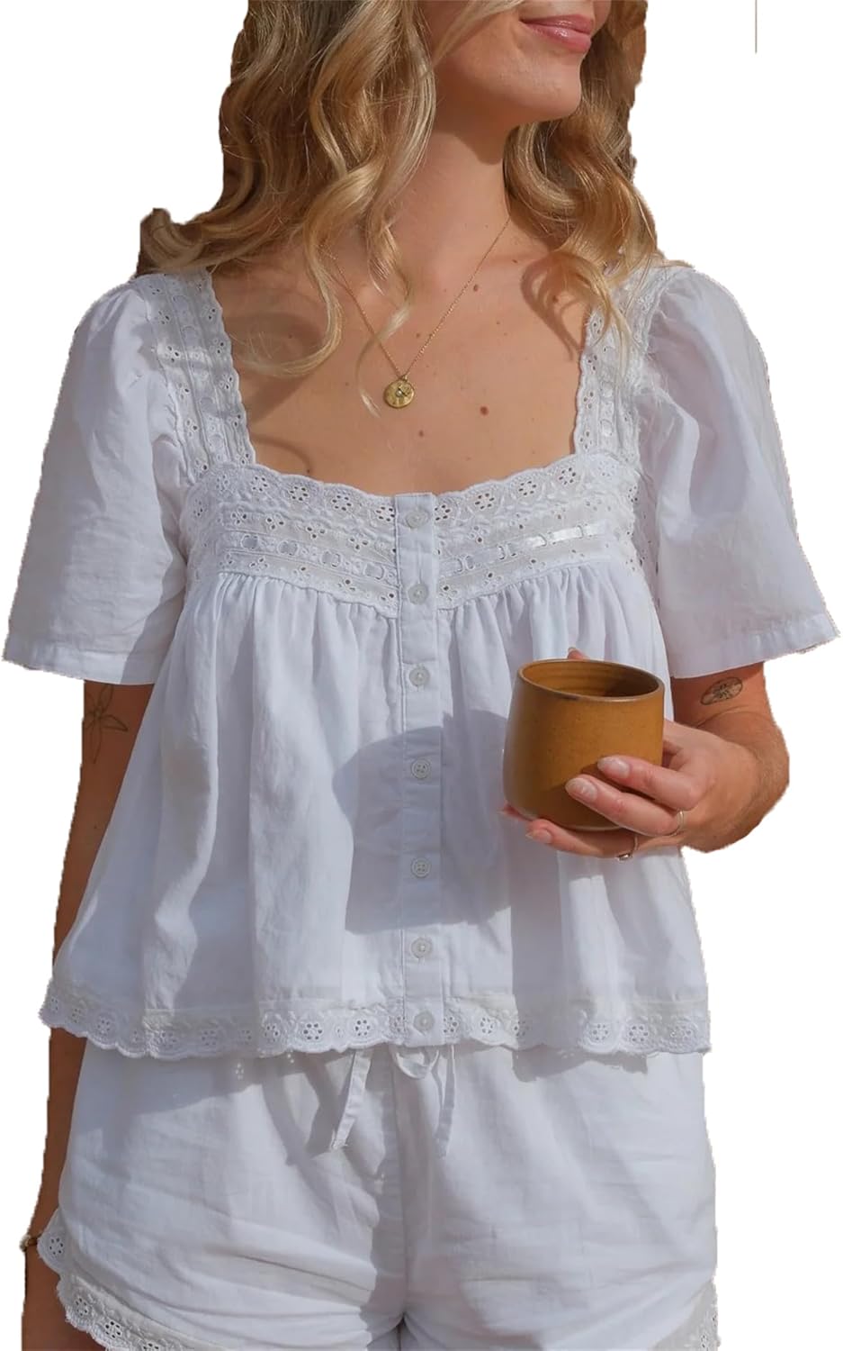 Women Lace Trim Flowy Shirt Y2k Half Short Sleeve Ruffle Low Cut Babydoll Tops Boho Cute Fairy Going Out Streetwear