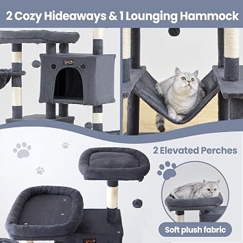 Cat Tree Tower for Indoor Large Cats, Cat Scratching Post with Big Perch Bed, Tall Trees House with Condo Cave, Toy Balls, Modern Climbing Furniture Big Platform for Kitten